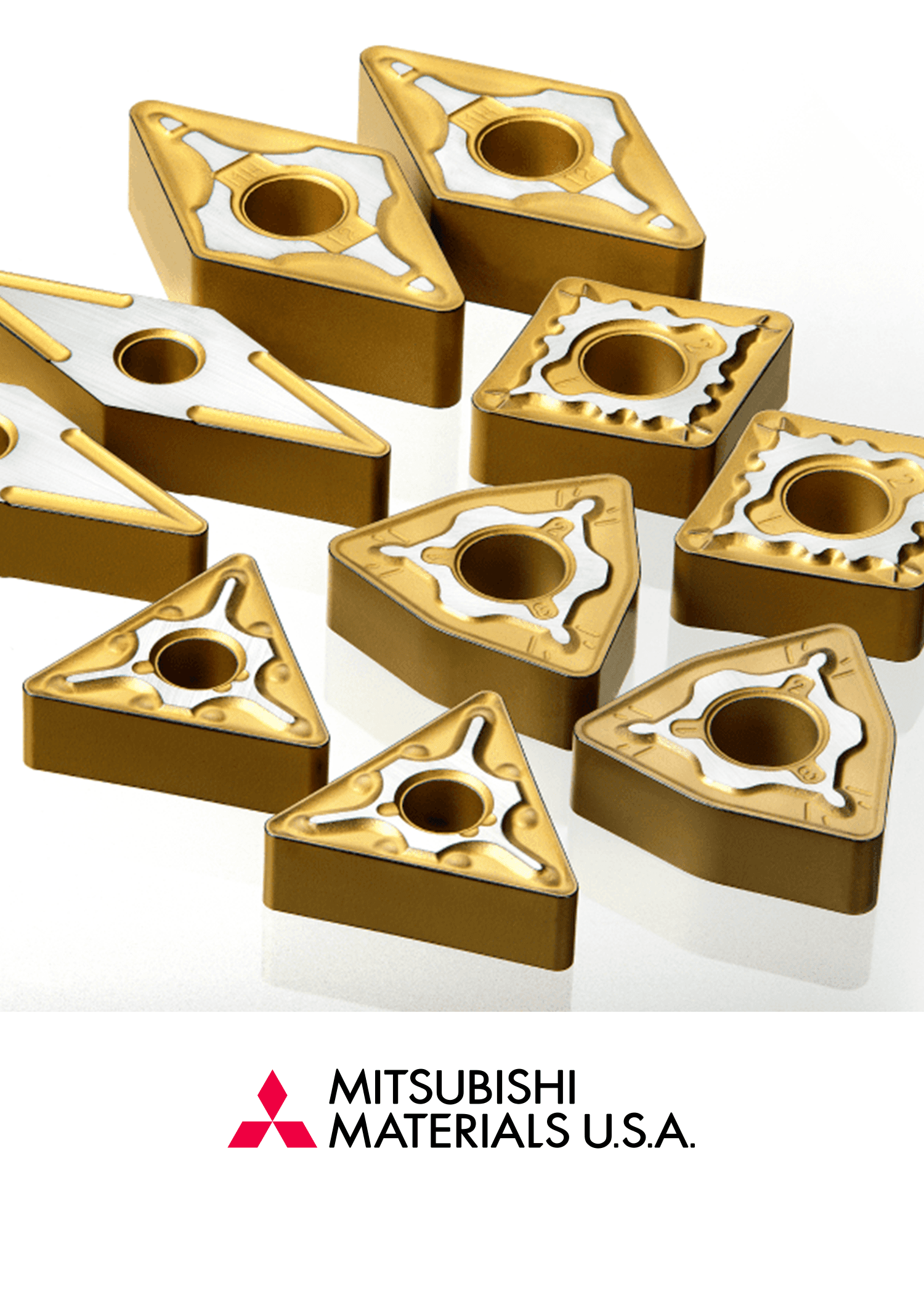 Mitsubishi carbide turning inserts with precision chipbreakers and gold PVD coating for high-performance CNC applications.