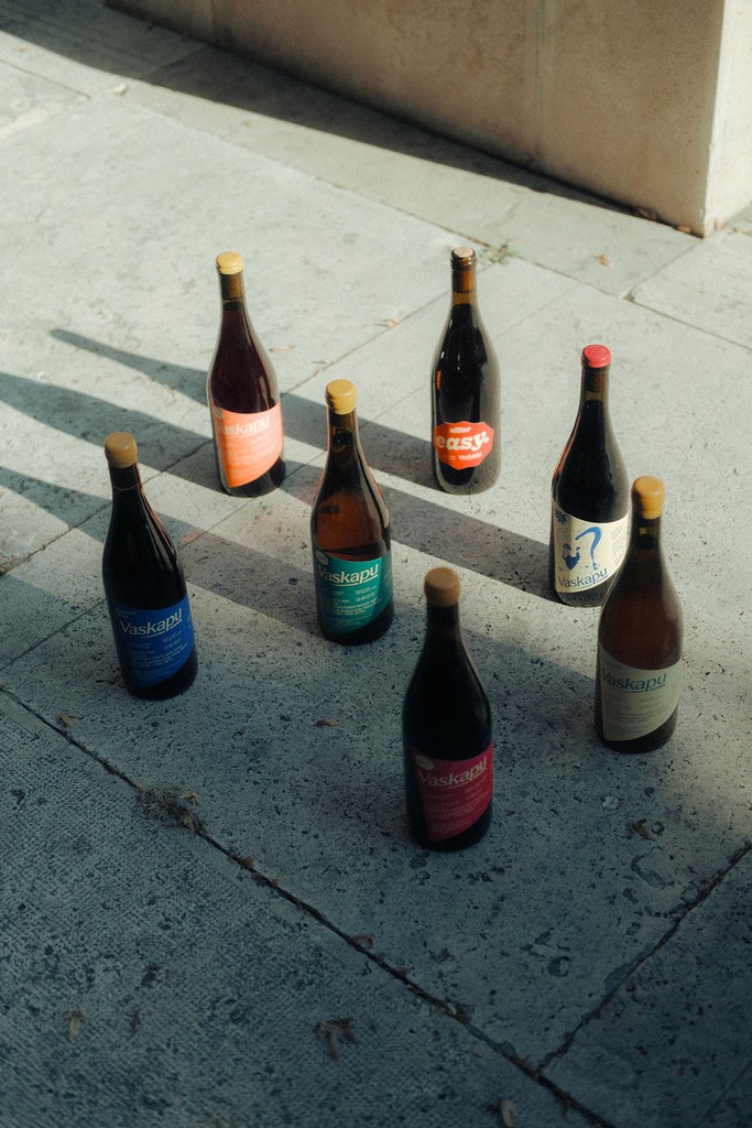 Multiple Vaskapu wine bottles arranged under afternoon light on a concrete surface, photographed and branded by Marcell Kazsik — a visual study in shadow, material, and colour for an organic, modern winery identity.