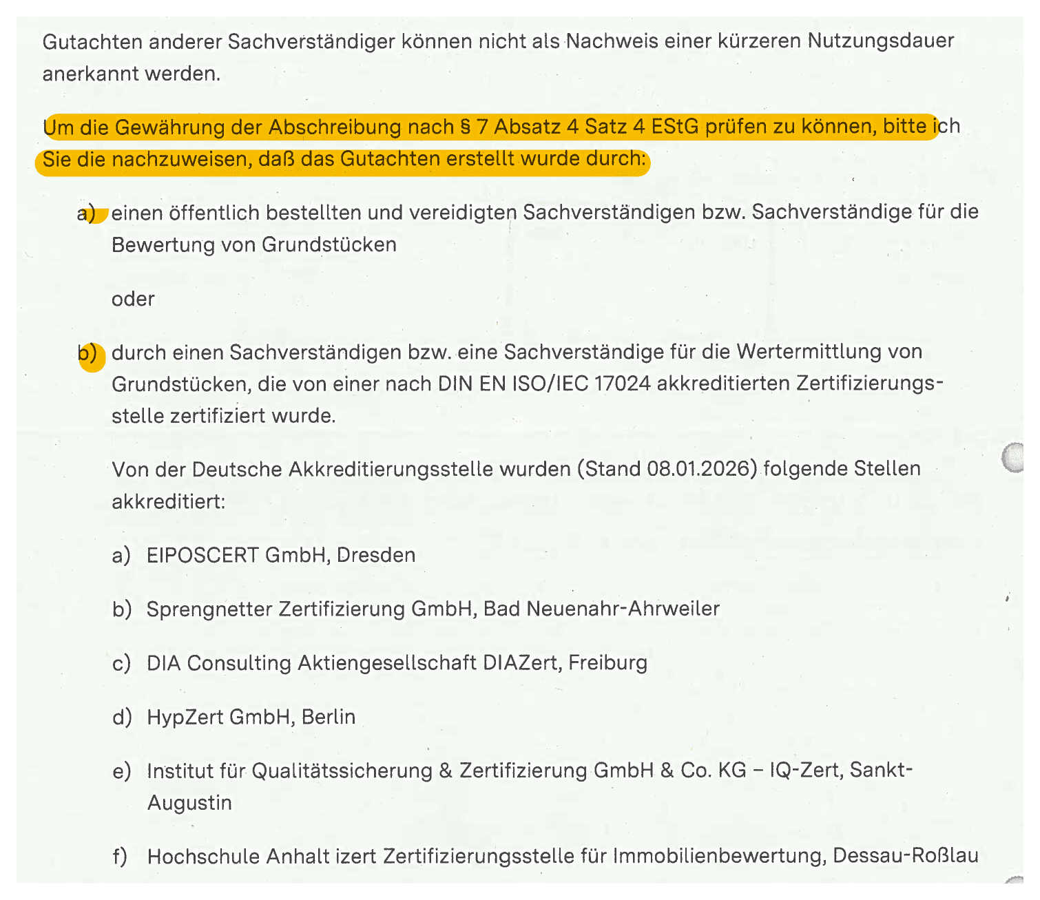 Auszug aus der Unterlagenanforderung des Finanzamts mit den sechs nach DIN EN ISO/IEC 17024 akkreditierten Zertifizierungsstellen