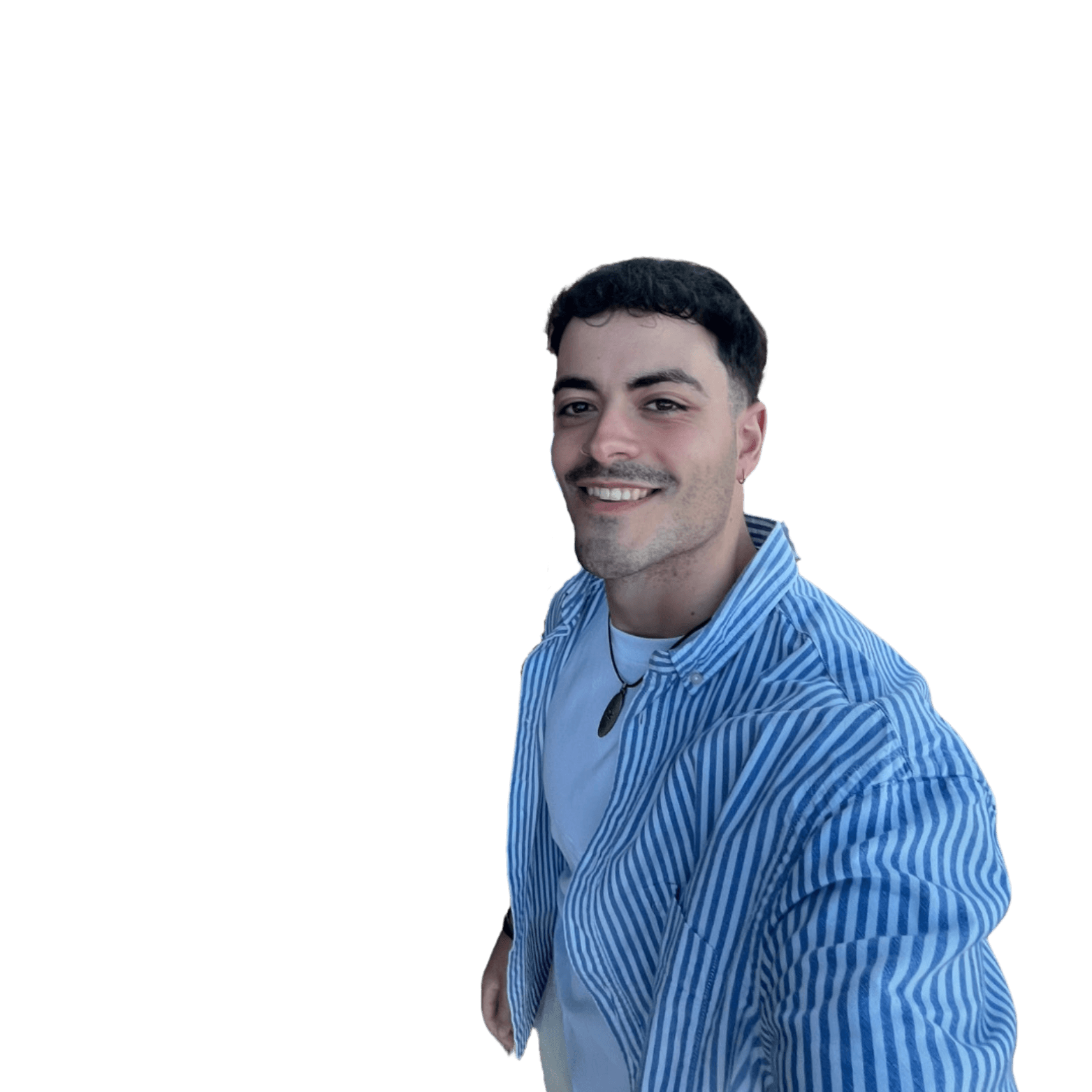 A cut out image of Luke - Founder of Hamilton Solutions wearing a blue and white shirt and smiling.
