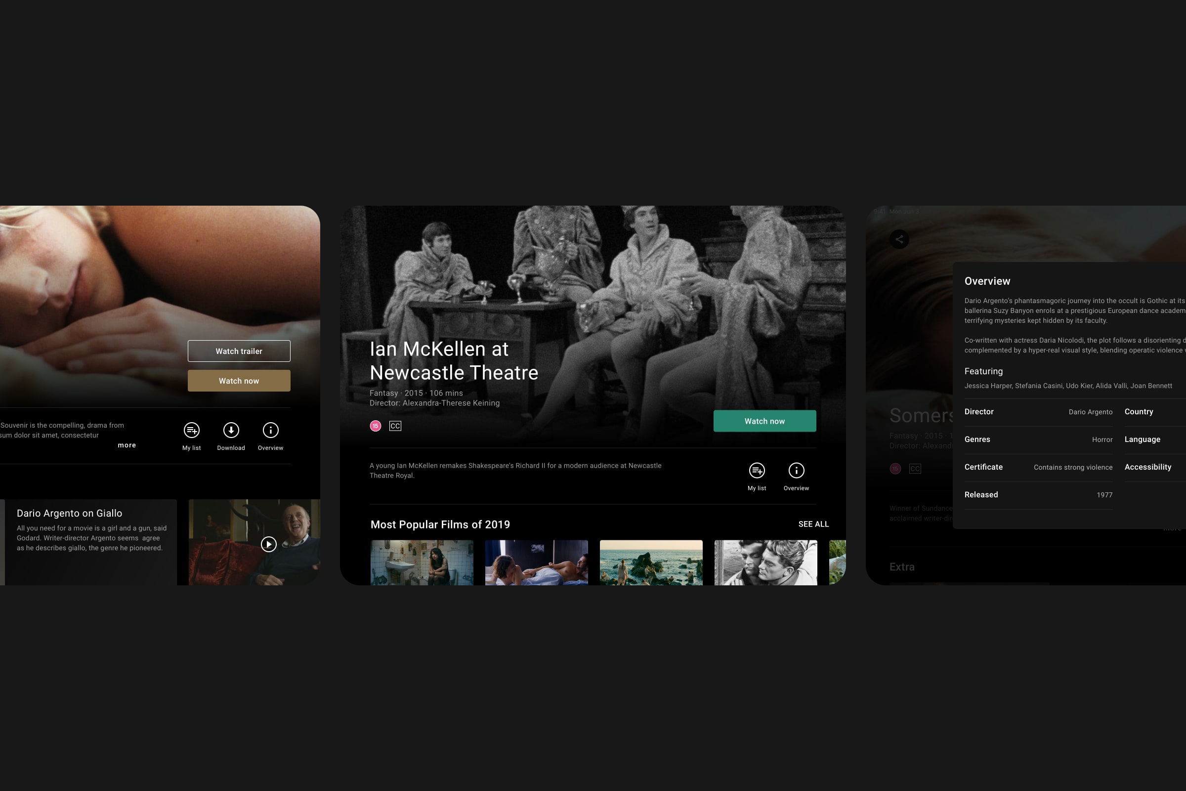 Three overlapping tablet screens showing a film detail page for Ian McKellen at Newcastle Theatre, a side-by-side detail view with film overview metadata, and a partially visible film page with watch options.