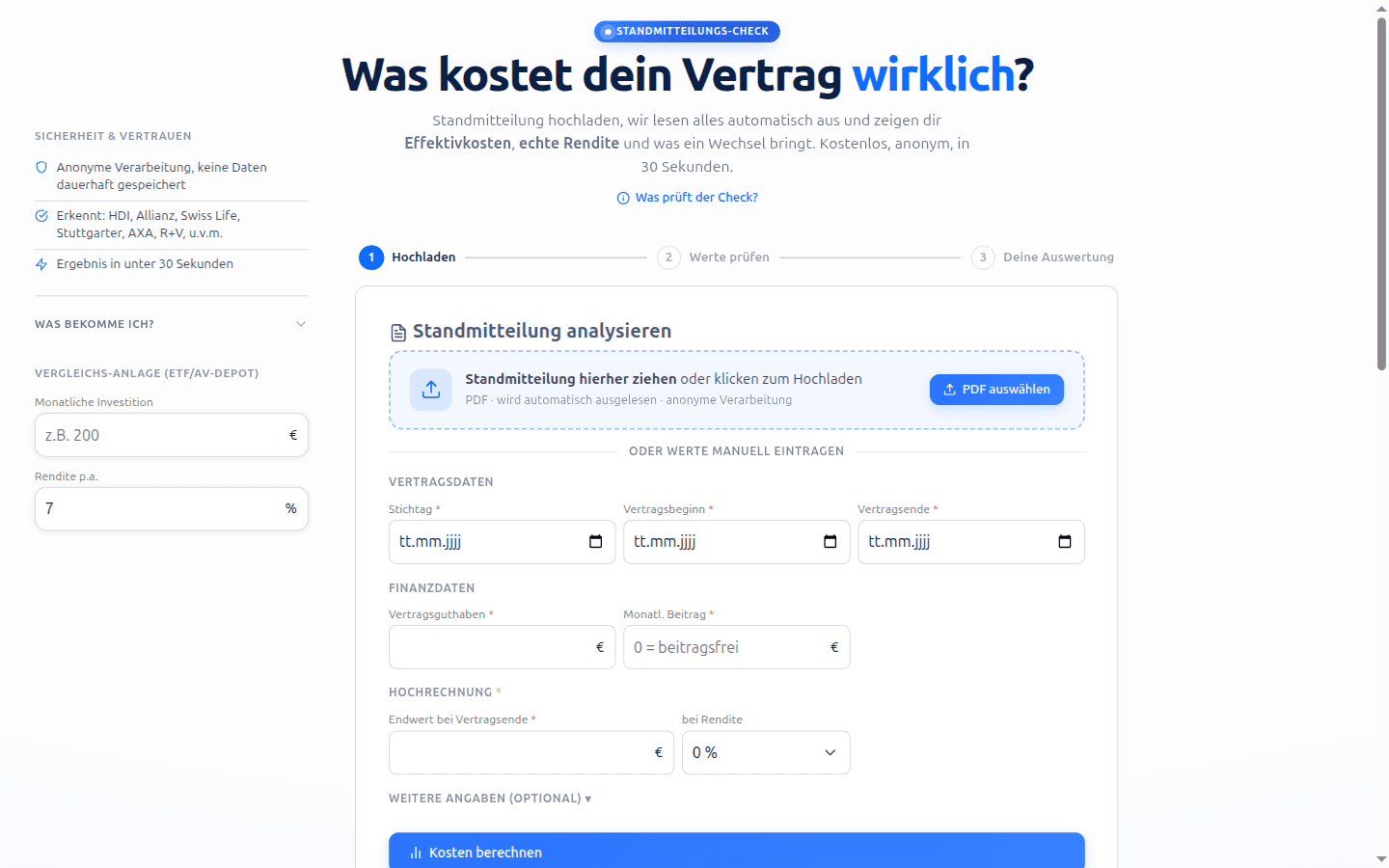 Kostenloser Vertrags-Check von fonder: Standmitteilung hochladen und Effektivkosten sowie echte Rendite der Fondspolice sehen