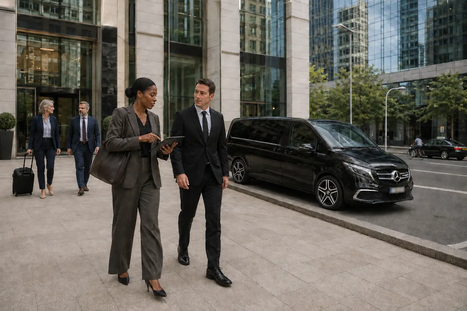 Coordinatrice et chauffeur préparant un déplacement professionnel auprès d’un Mercedes-Benz Classe V I.B Line à La Défense.
