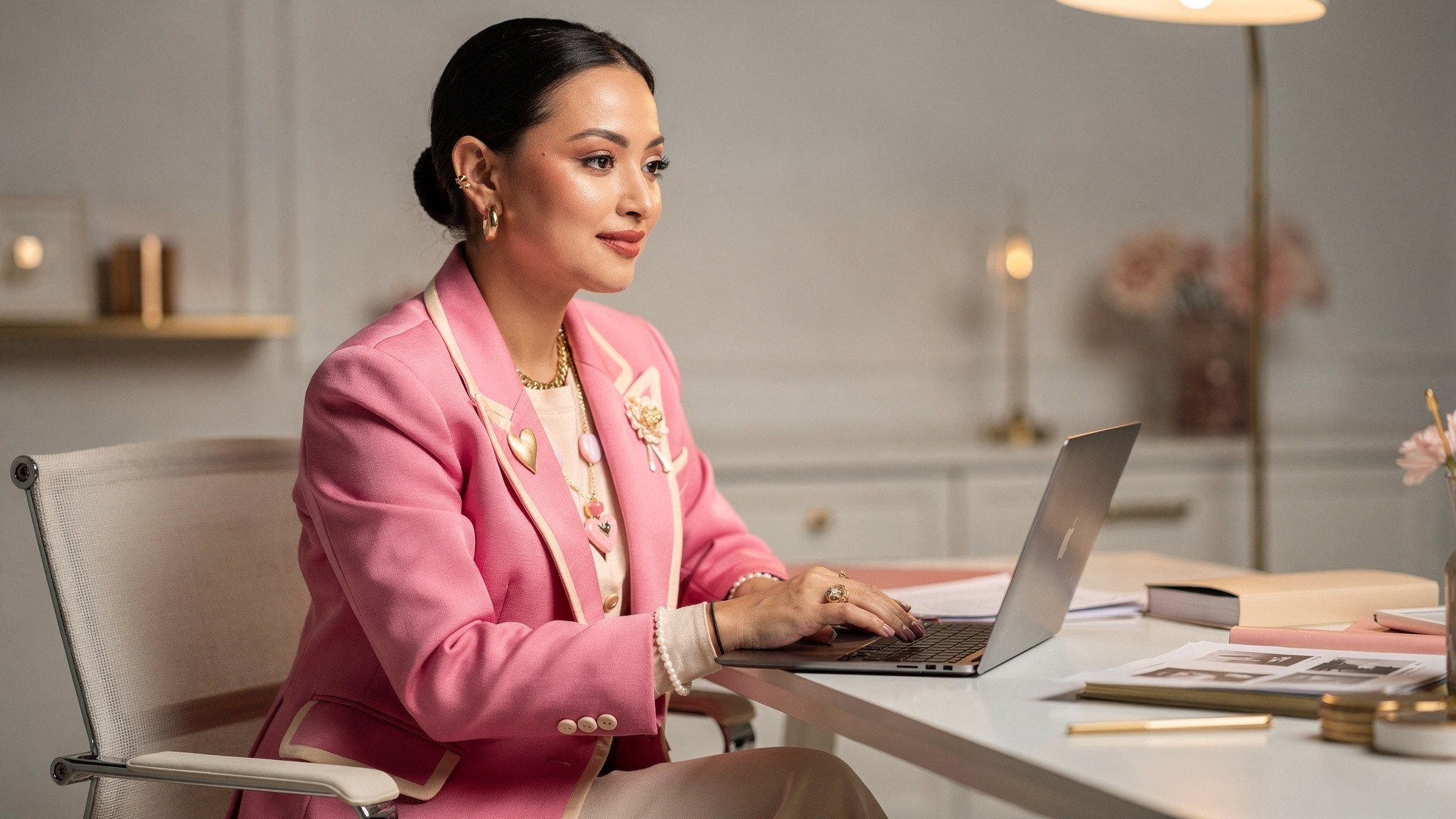 Fashion creator researching niche Instagram hashtags on a laptop in a bright pink studio