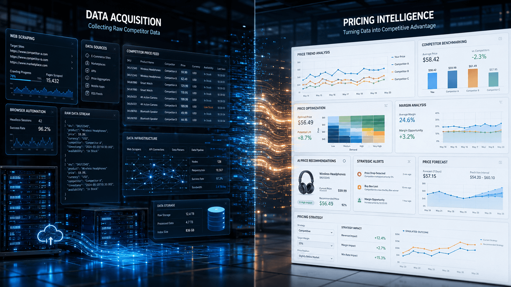 Competitor price monitoring system: data acquisition infrastructure on the left, pricing intelligence analytics and dynamic charts on the right