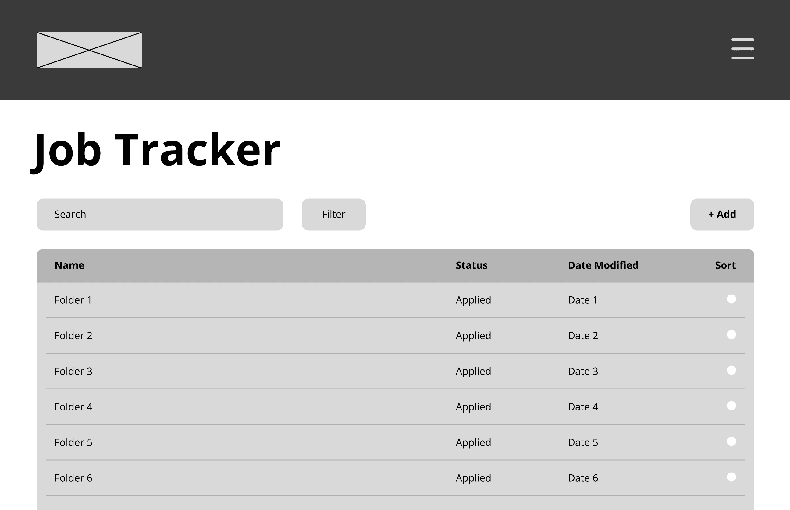 Wireframe of the Job Tracker interface, featuring a structured data table that lists folders with columns for status, date modified, and sorting options.