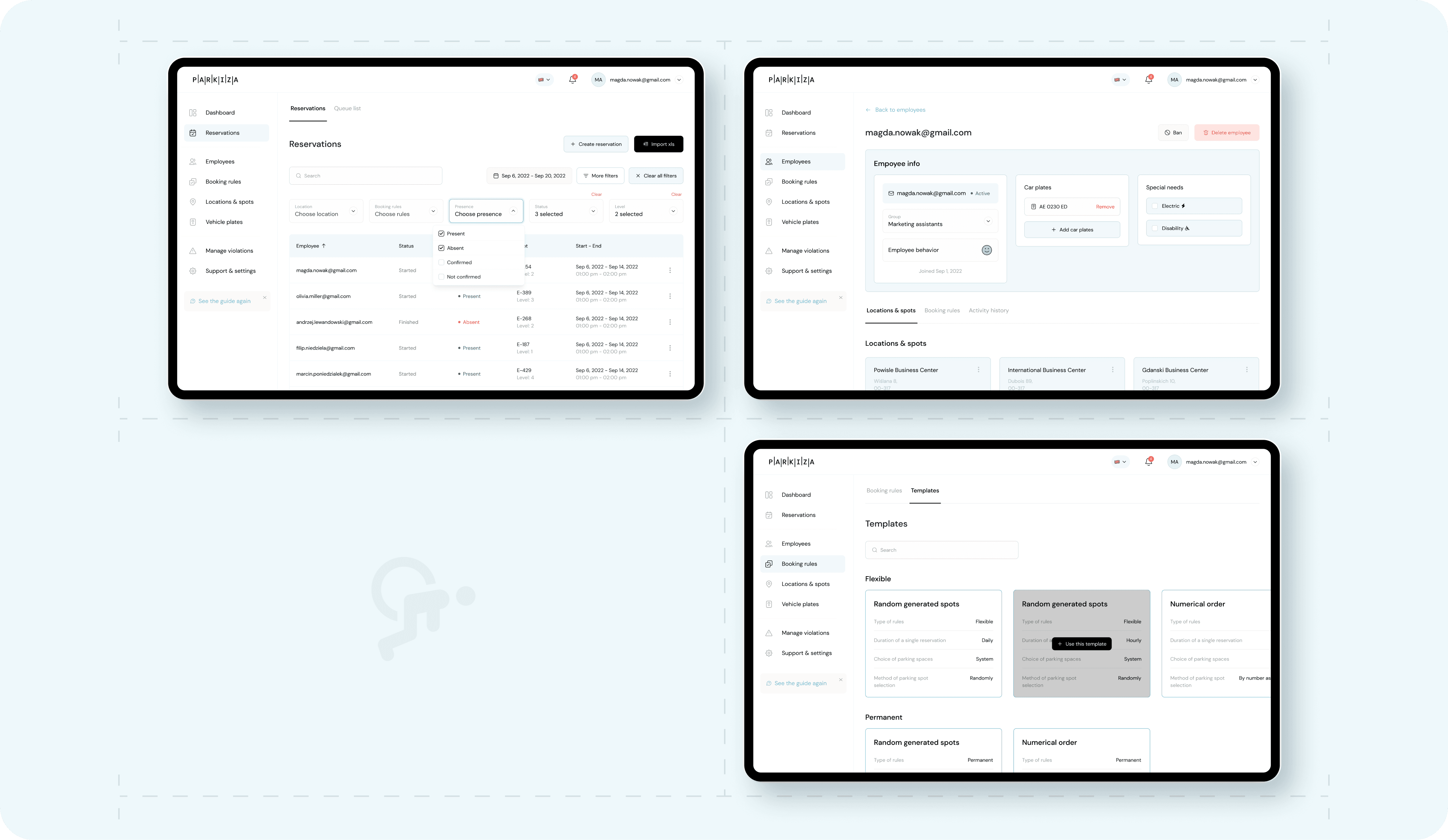 Three tablet screens displaying different interfaces related to parking management in the Parkiza app. The first screen shows the 'Reservations' section with a list of reservations including details such as location, employee names, booking status, and presence status (e.g., Present, Absent, Confirmed). There are options to create new reservations and filter by location, booking rules, and presence status. The second screen displays the 'Employee info' section for an employee with the email magda.nowak@gmail.com. It includes information such as the employee's name, group (Marketing assistants), car plates, and special needs (Electric, Disability). There are options to add or remove car plates and special needs. The third screen shows the 'Templates' section under 'Booking rules', where different templates for parking spot reservations can be created. The templates include options for flexible and permanent random generated spots, as well as numerical order based on different rules such as duration, choice of parking spaces, and method of spot selection.