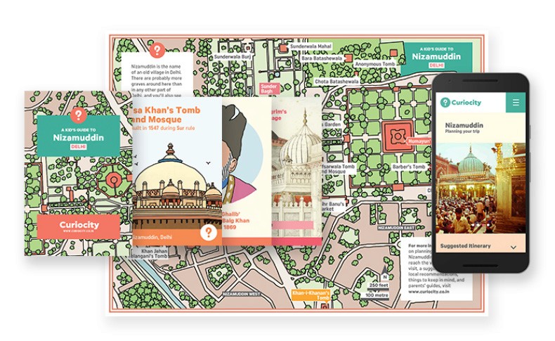 A map of Delhi, India, overlaid with illustrations and text. The map includes labels for locations like Sunderwala Mahal, Chota Basawanwala, and Anonymous Tomb. A book cover titled “Sa Khan’s Tomb and Mosque” is displayed, along with a smartphone showing a suggested itinerary for Nizamuddin. A smaller map section on the left shows “A Kid’s Guide to Nizamuddin Delhi.”
