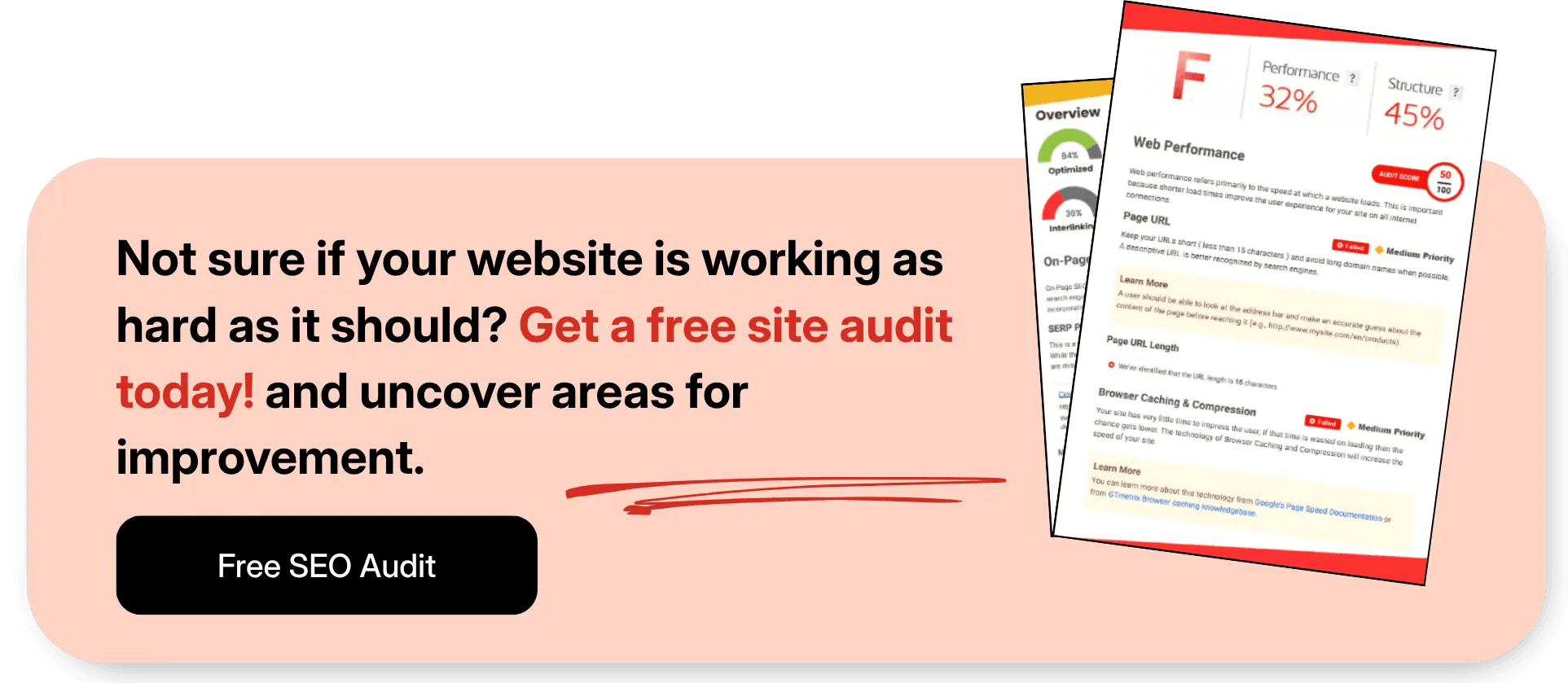 Call-to-action banner promoting a free SEO audit with a website performance report graphic.