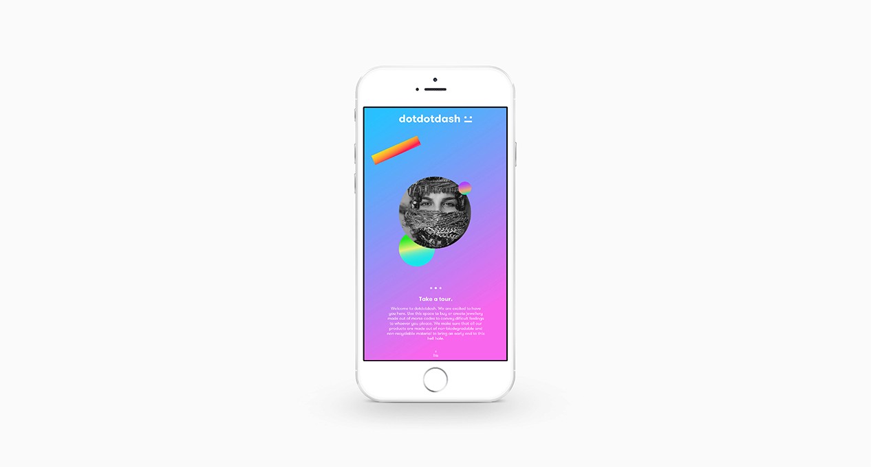 A blue to pink gradient template for a mobile phone app. There are also some images and shapes with other gradients and colors.