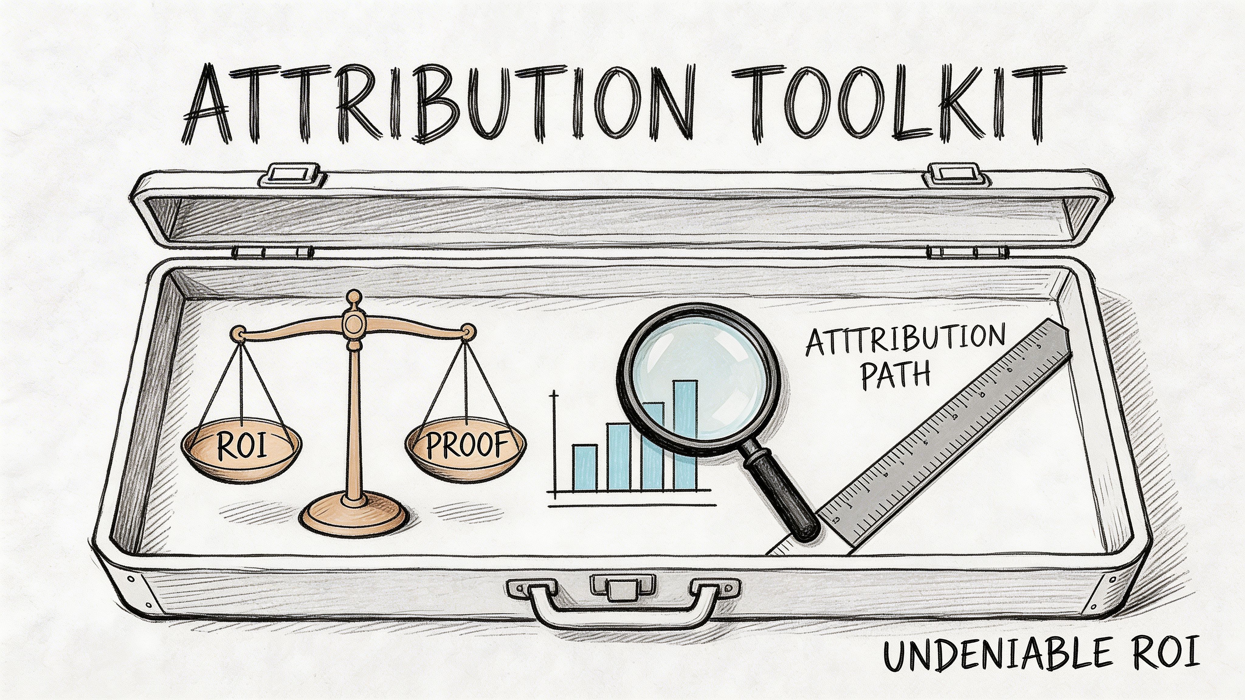 A sketched illustration of an open briefcase labeled Attribution Toolkit containing a weighing scale, magnifying glass, and ruler.