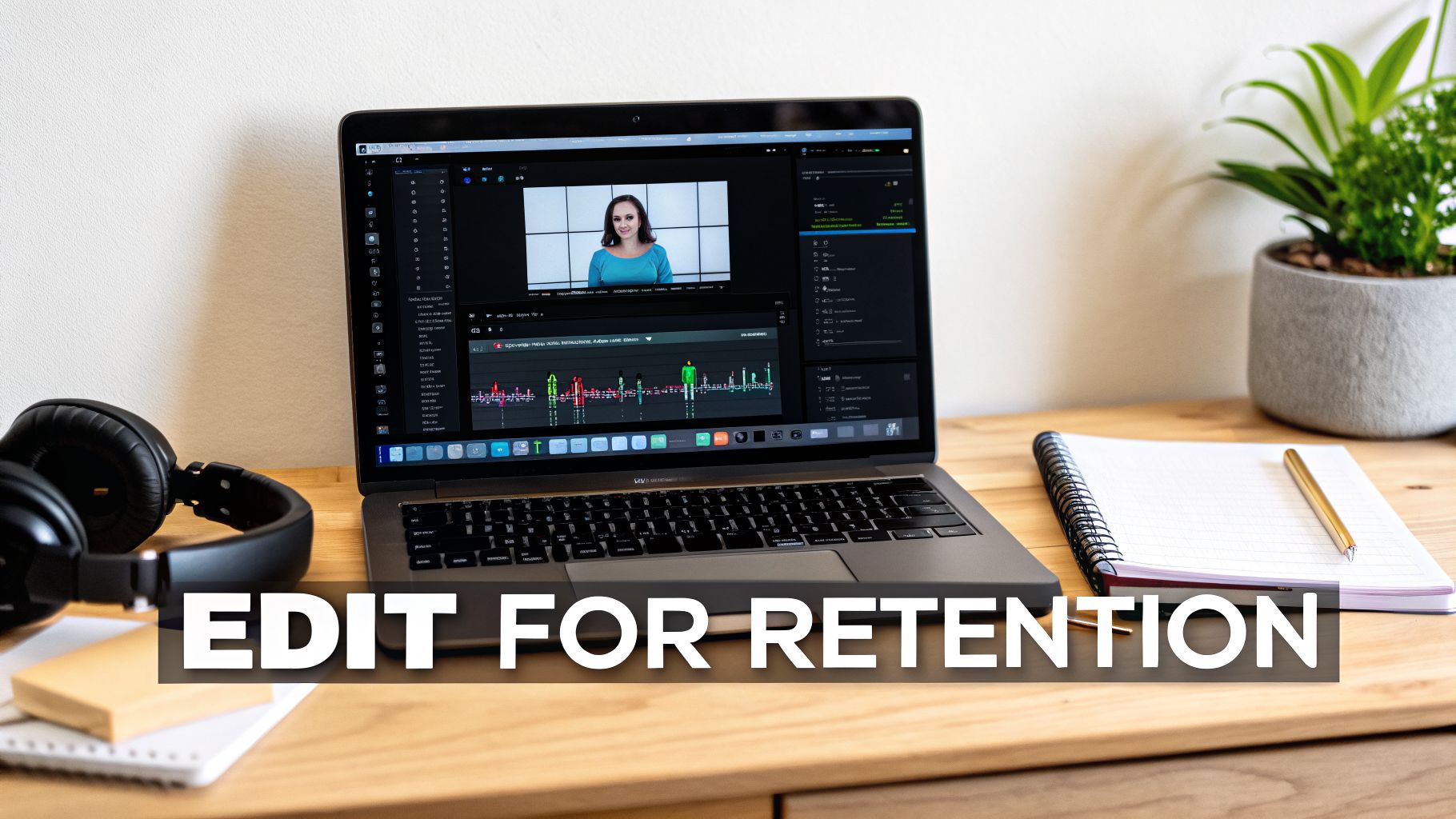Laptop displaying video editing software with a woman on screen, headphones, and office supplies on a wooden desk.
