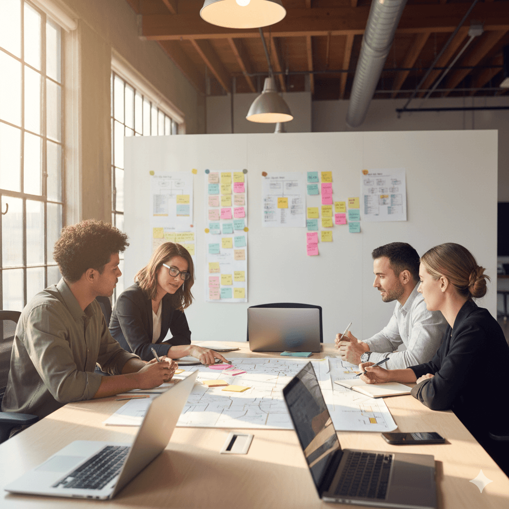 team sitting in a bright industrial space with the Finany maps and product features laid out on a conference table. 