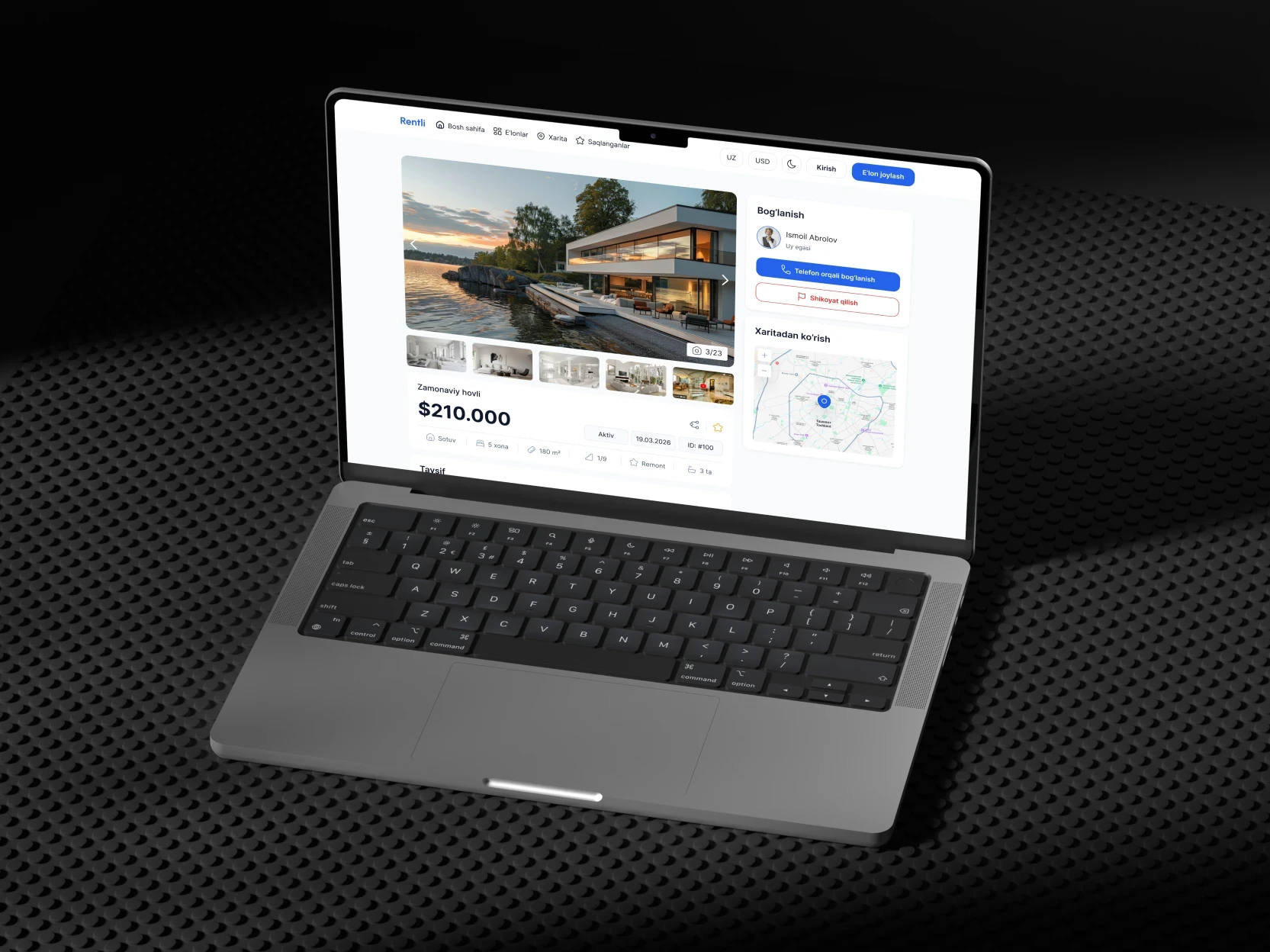 Rentli property detail page UI — high-value listing view with pricing and chat CTA, premium real estate web app design on MacBook