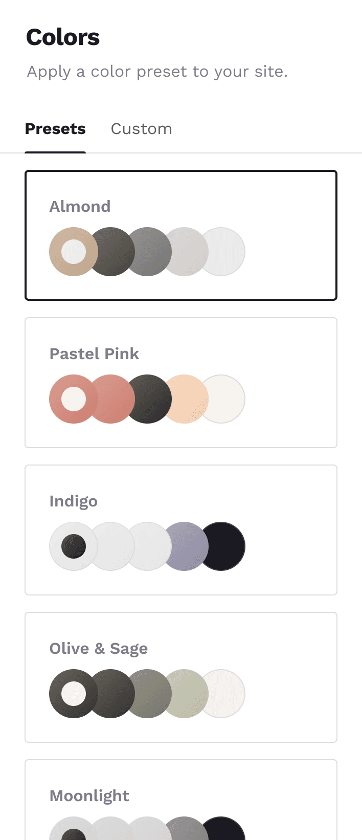 A selection of color palettes available in Copyfolio for customizing the colors of a website with a single click.