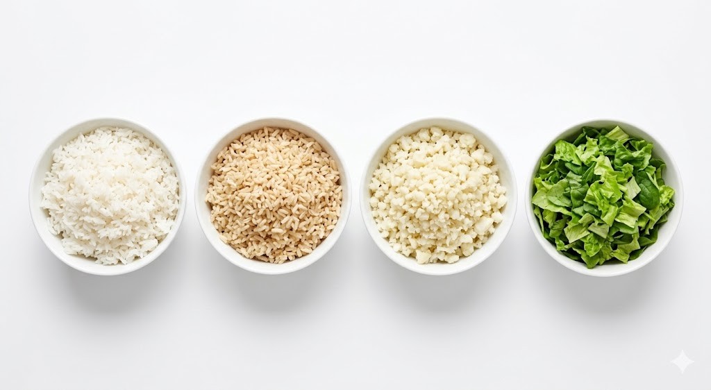 An overhead top-down view of four small white bowls arranged in a row, featuring white rice, brown rice, riced cauliflower, and chopped green lettuce, showing a healthy comparison of burrito bowl bases on a plain white background.