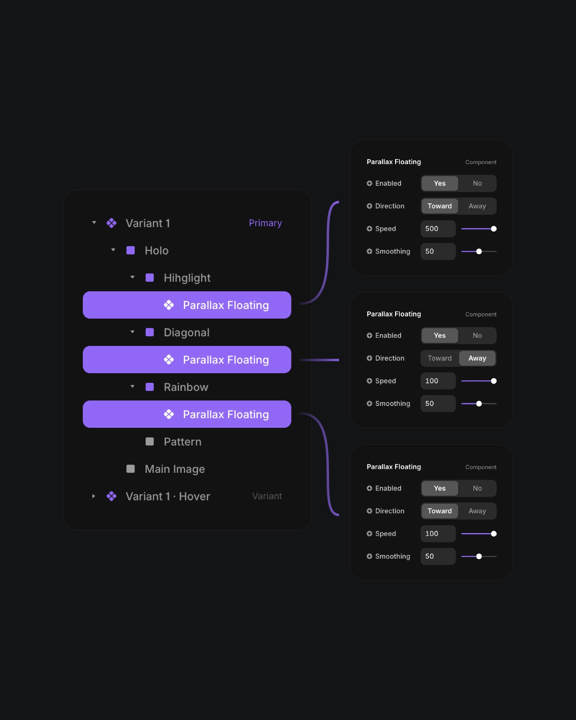 Framer parallax floating settings panel with multiple component controls