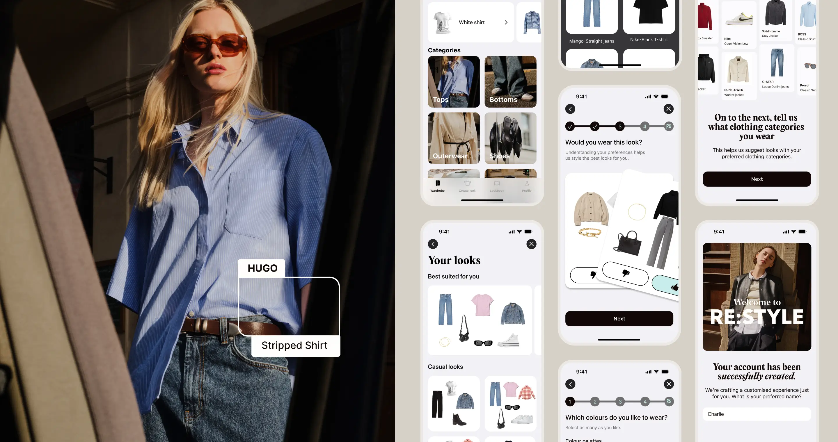 Re:Style fashion app mobile UI showcasing personalised styling recommendations, sleek modern interface, and seamless user experience on iOS