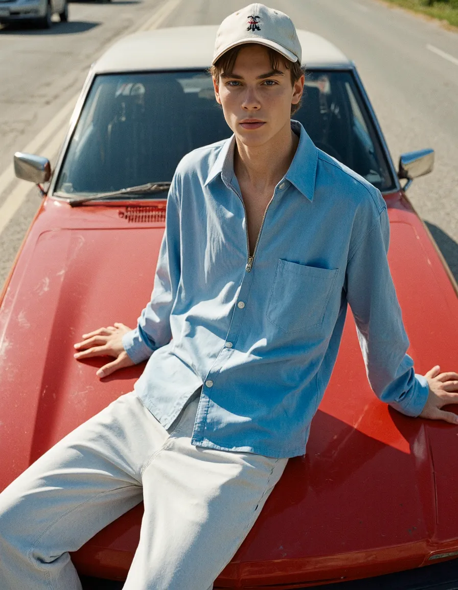 Vintage-inspired fashion photograph featuring a light blue shirt and white cap against a classic red car on a sunlit street