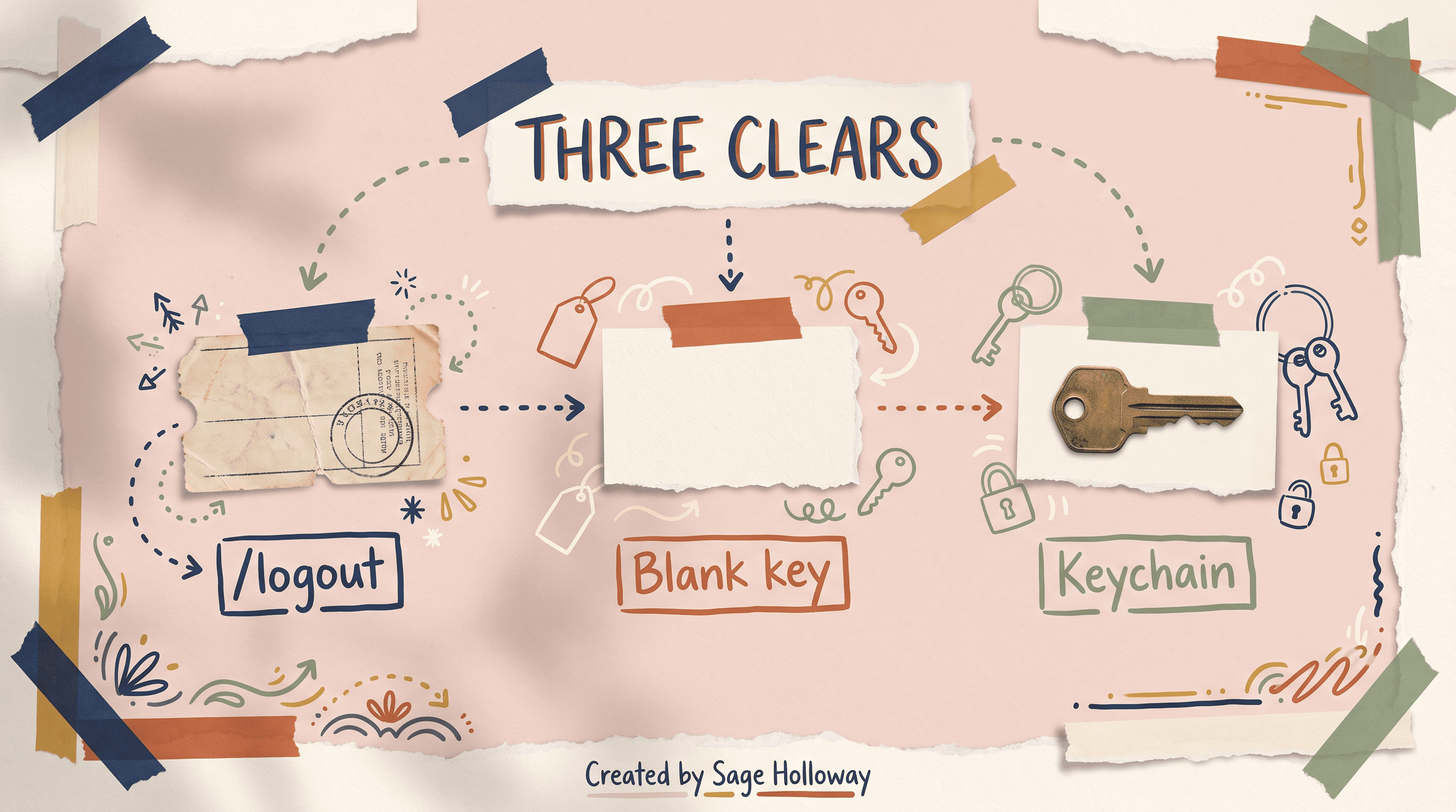 Scrapbook three-step diagram to clear cached Claude Code login: /logout, blank API key, and macOS Keychain