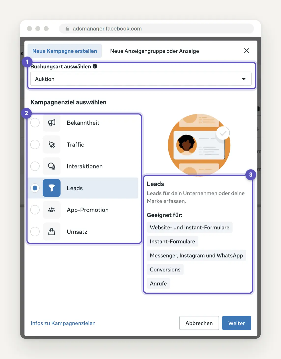 Dialog Neue Kampagne erstellen im Werbeanzeigenmanager mit der Buchungsart Auktion, den sechs Kampagnenzielen Bekanntheit, Traffic, Interaktionen, Leads, App-Promotion und Umsatz und der Beschreibung des Ziels Leads.