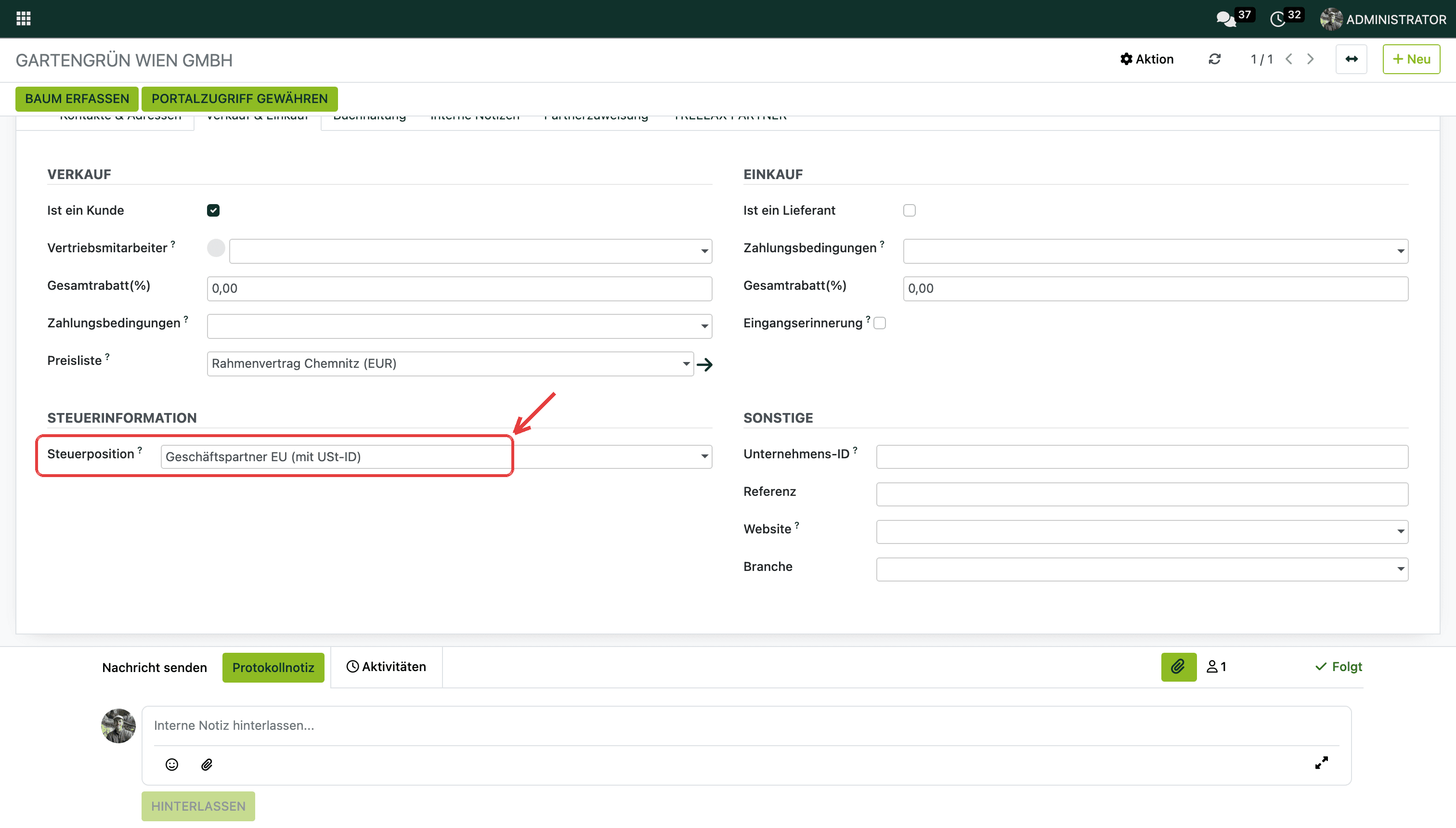 Reiter „Verkauf & Einkauf“ → Steuerposition „Geschäftspartner EU (mit USt-ID)“.