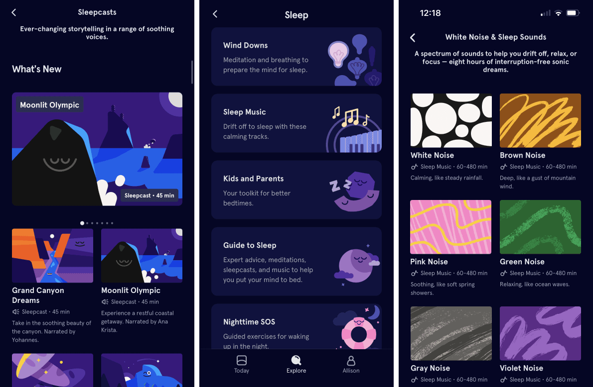 3 screenshots from Headspace's Sleep section