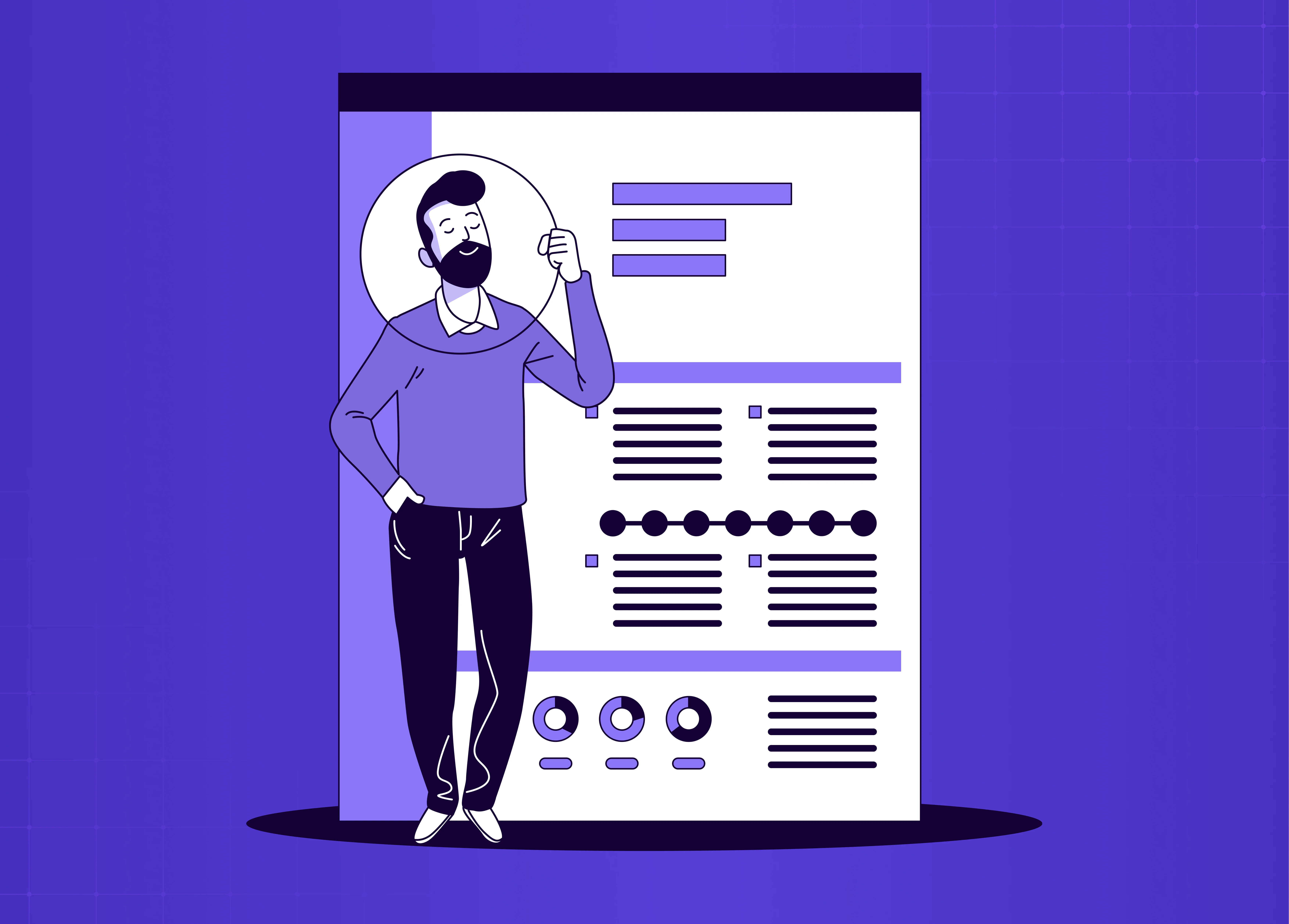 Illustration of a UX designer standing beside a large user persona dashboard with charts, profile details, and interface components in a purple monochrome style.