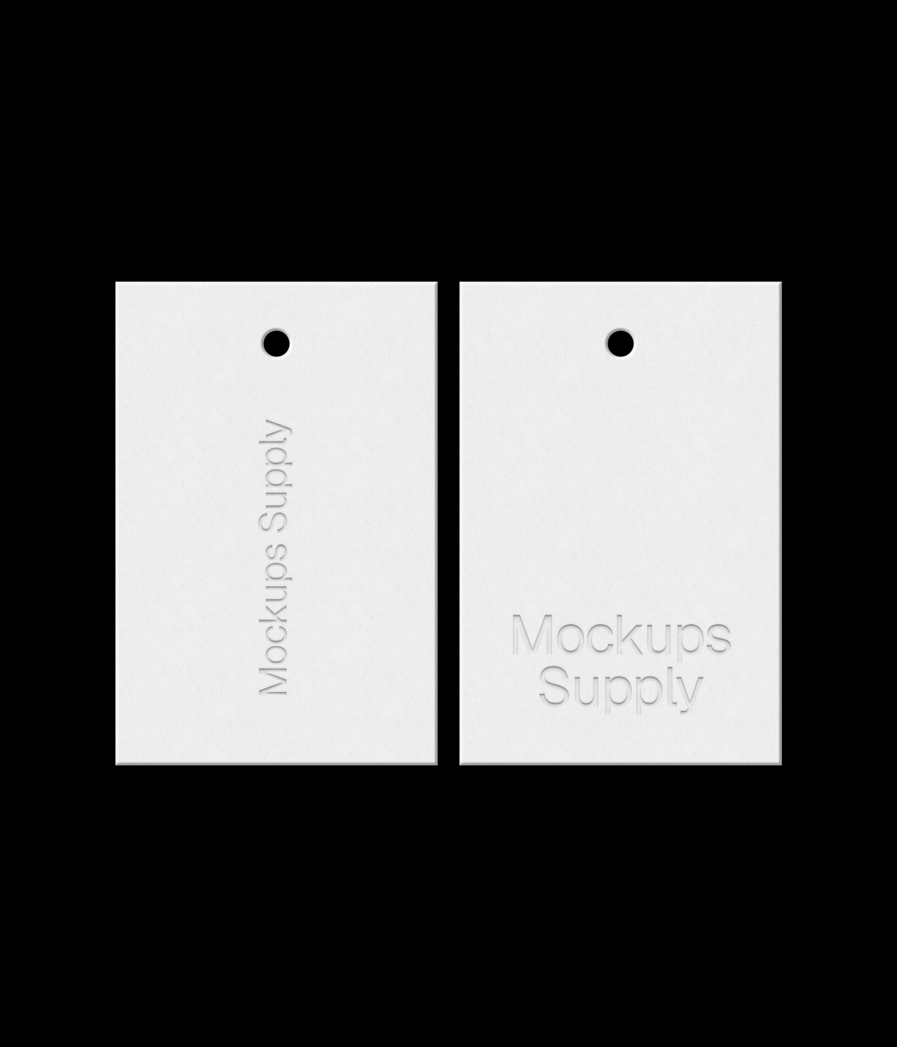 Two white 2x3 hang tags mockup on black background with realistic debossed logo effect for Photoshop download psd