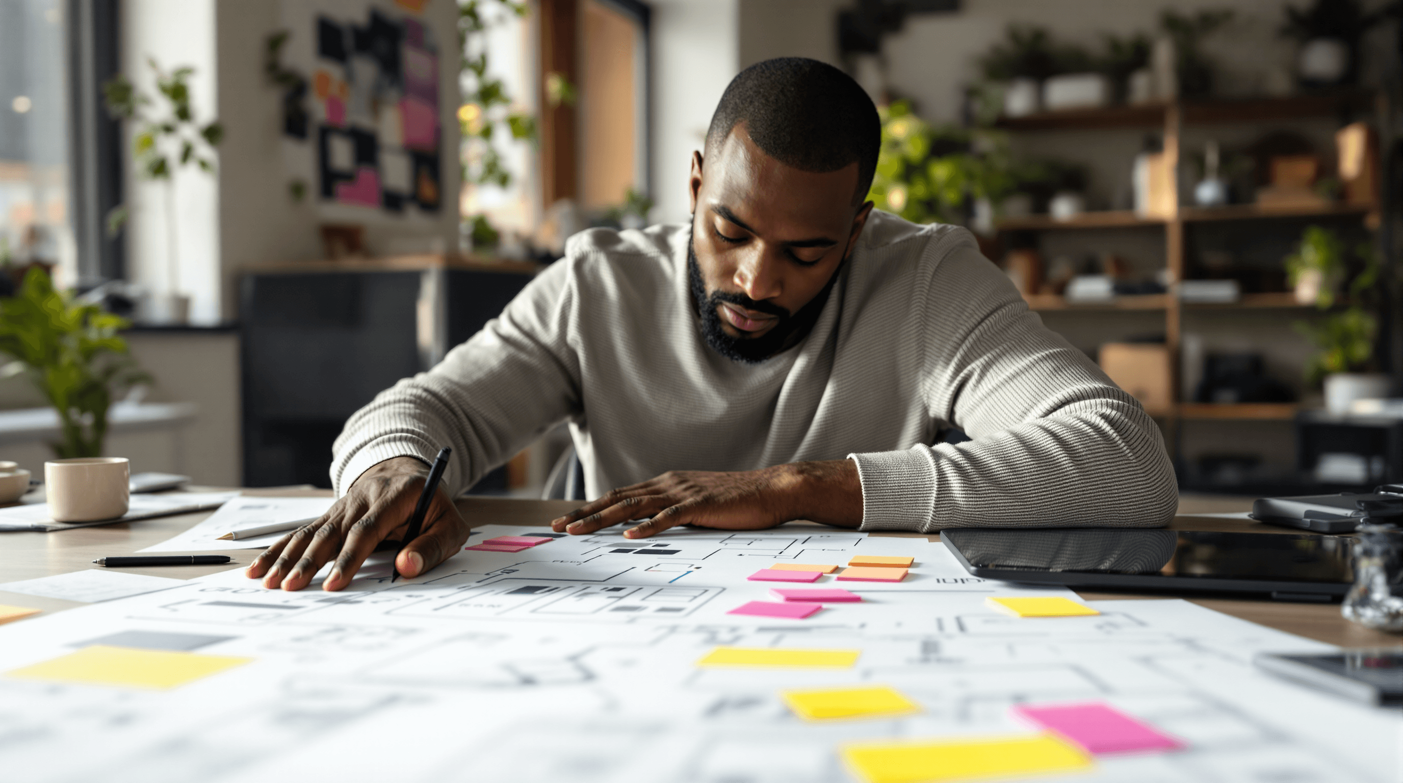 UX designer tracing mobile payment user flow over printed wireframes