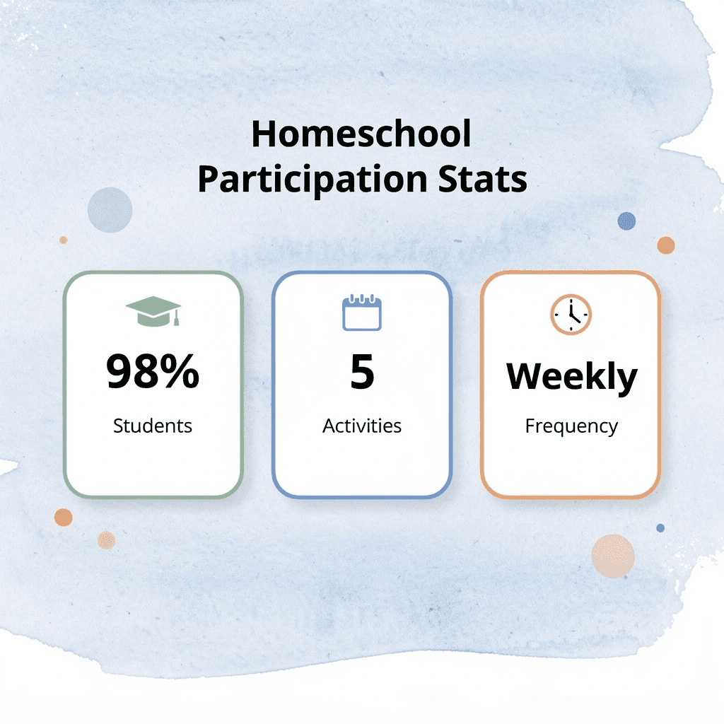 Statistics showing 98% of homeschooled students participate in 5 extracurriculars weekly
