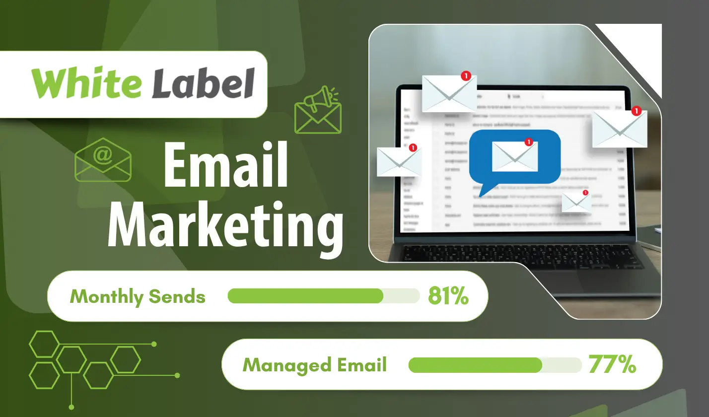 White label email marketing services graphic with performance metrics on a laptop screen.