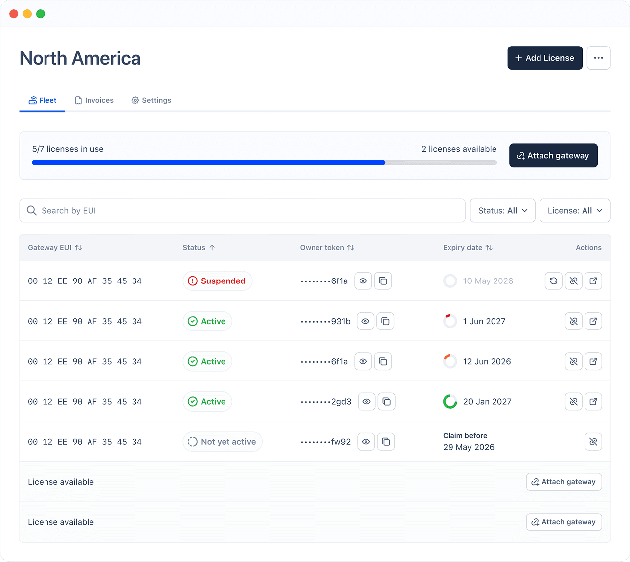 Gateway fleet dashboard with license status for each gateway