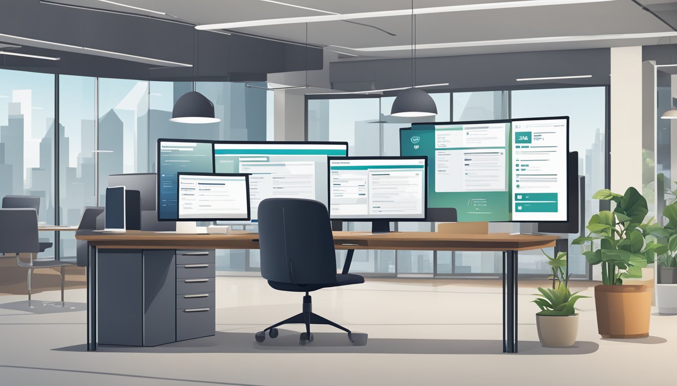 Illustration of a virtual job fair on a computer screen, showcasing booths for different companies and active chat bubbles for communication.