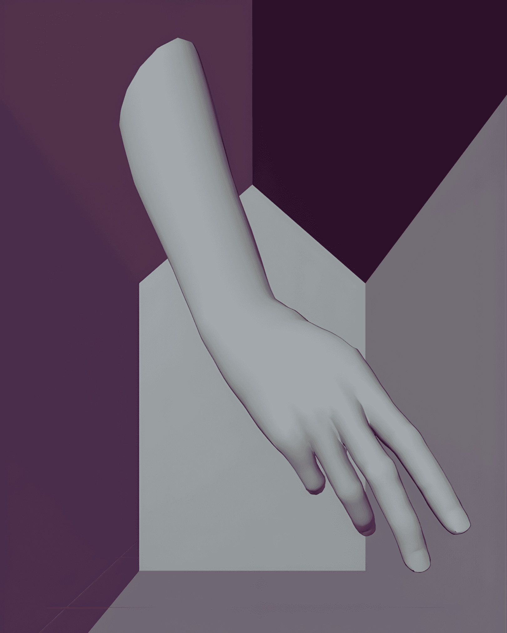 A grayscale 3D model of a hand reaches down into a corner