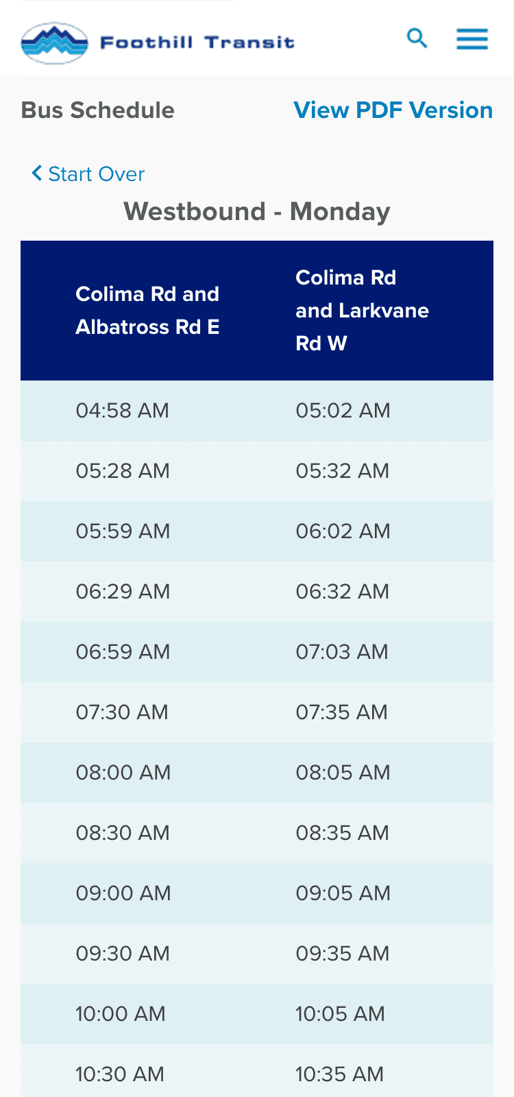 Mobile Foothill Transit screen displaying a bus schedule