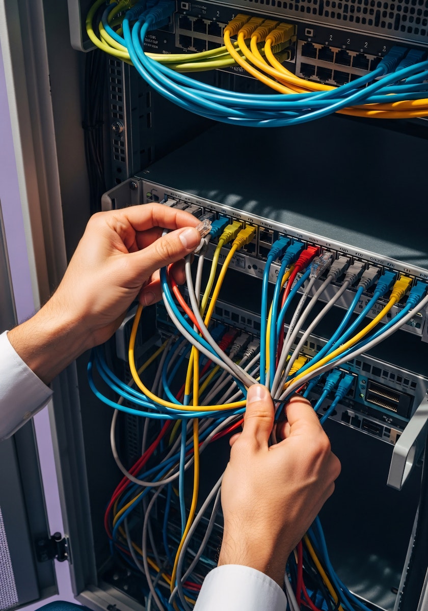 hands working with network cables