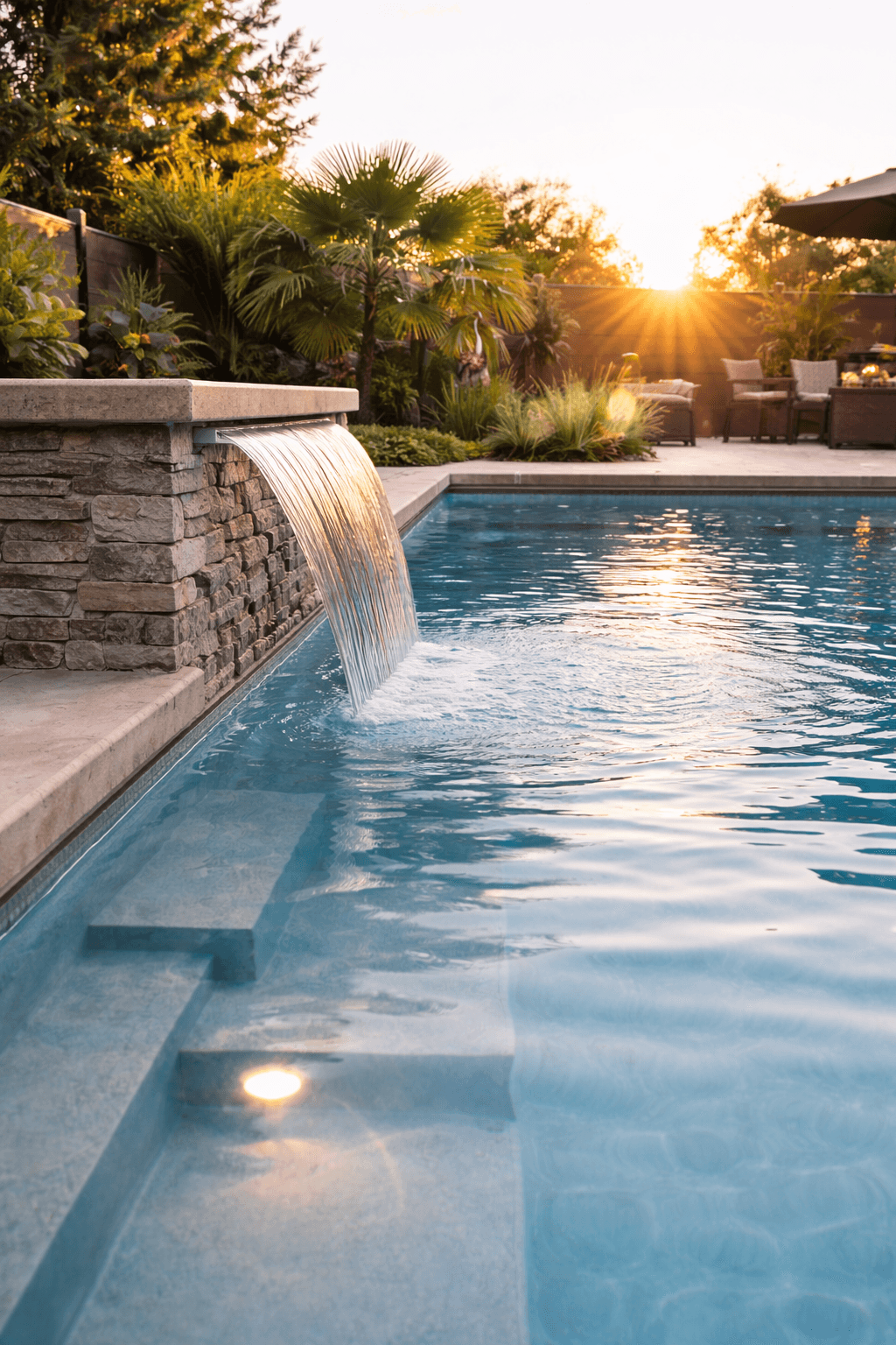 Backyard swimming pool with stone waterfall feature at sunset.