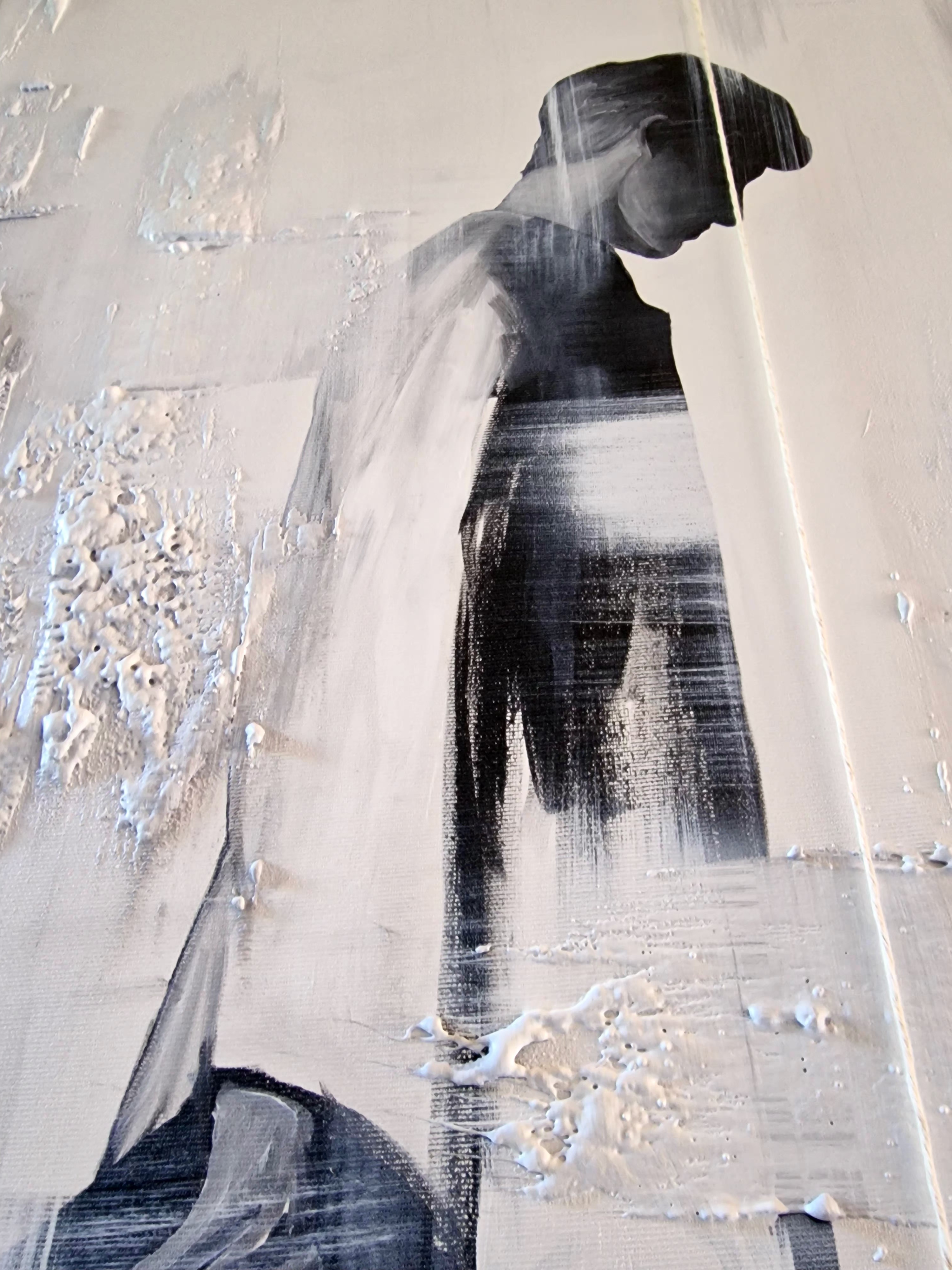 Contemporary abstract figurative artwork on canvas with strong light and shadow contrast, male silhouette and mixed media textures