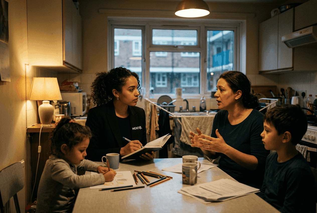 Hulpverlener biedt spoedhulp aan gezin in crisissituatie thuis