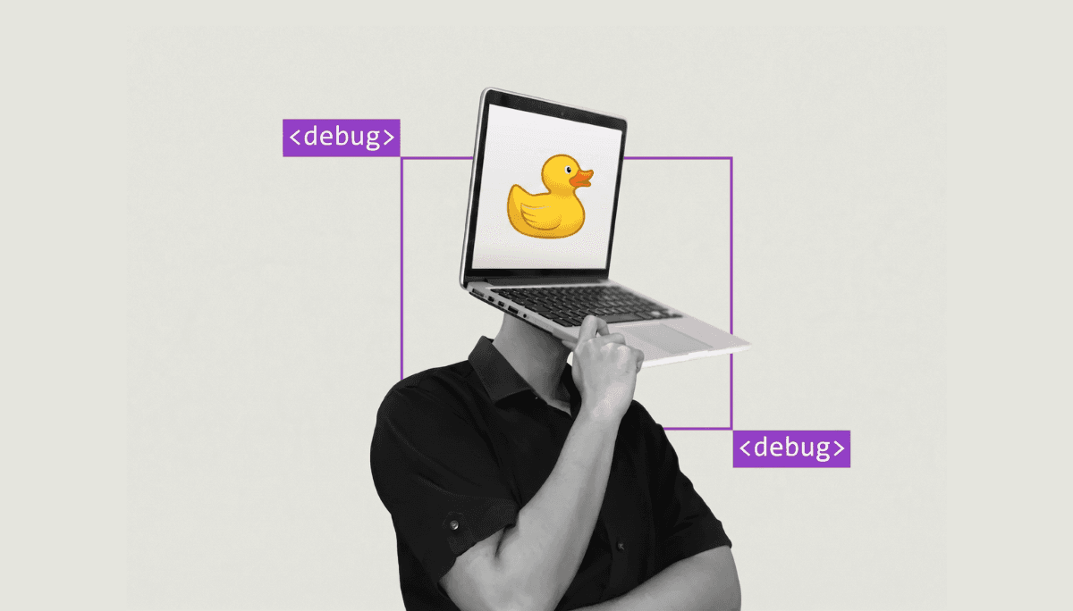 Stylized image of programmer with laptop head and rubber duck, depicting debugging through explanation.