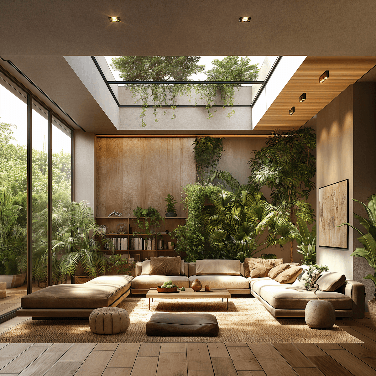 Elegant resort room with large windows opening to greenery
