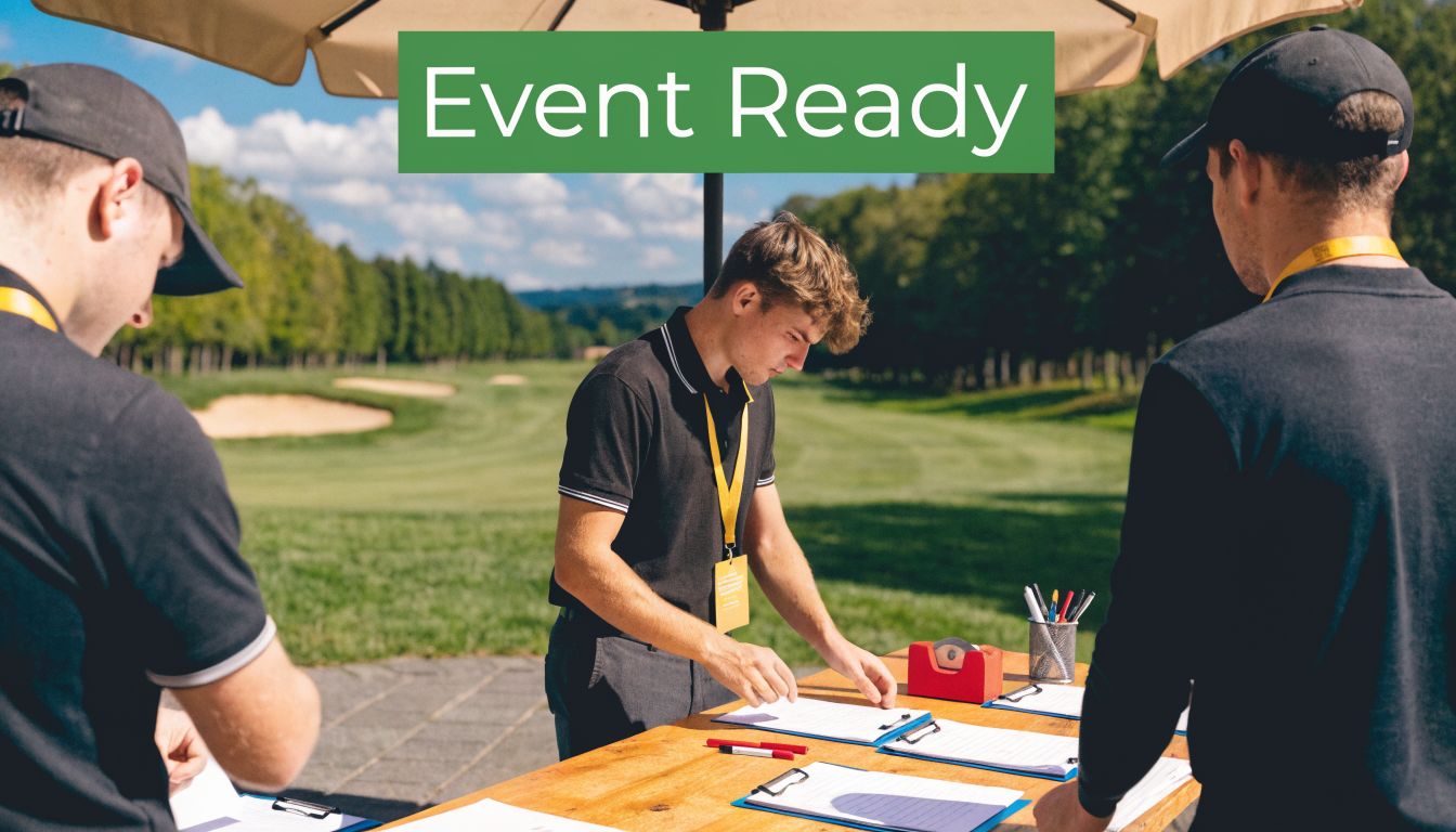 A team of organizers preparing registration documents at a table before a golf tournament event.