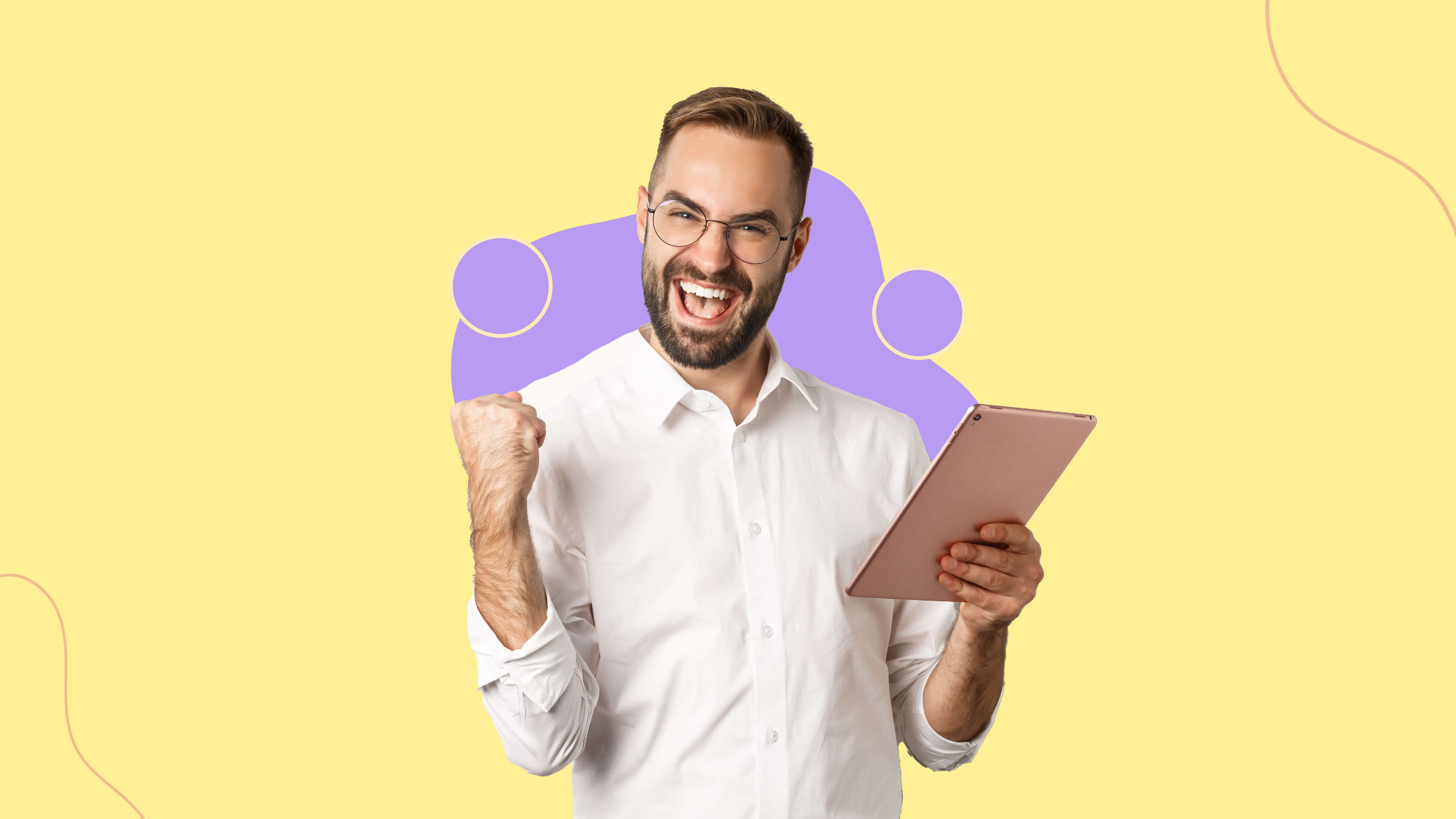 Men in white shirt looking happy while holding a tablet on the yellow background