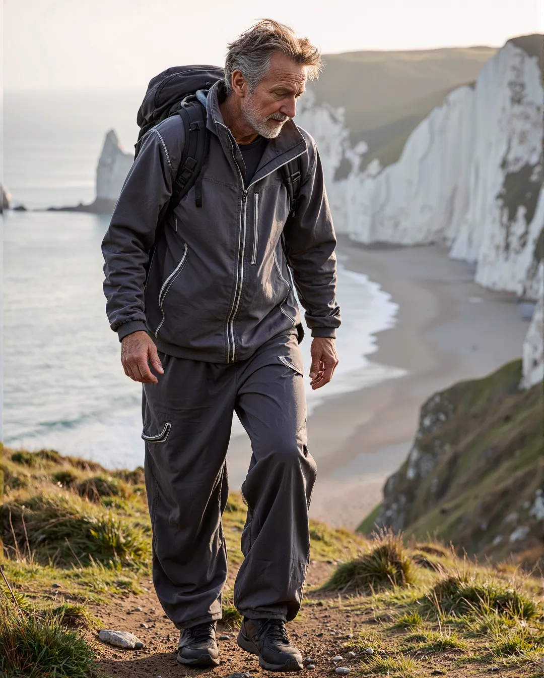 Hiker in gray athleisure wear walking along dramatic white cliffs overlooking ocean coastline at golden hour, showcasing outdoor apparel
