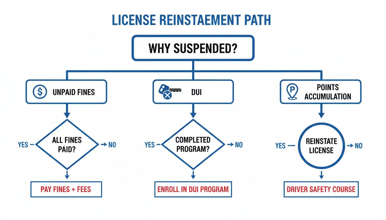 Flowchart detailing the license reinstatement path for suspended licenses due to fines, DUI, or points.
