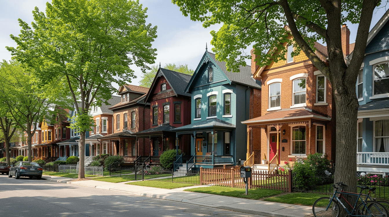 The image depicts a charming row of colourful semi-detached Victorian homes, nestled along a tree-lined street in Toronto, showcasing the architectural beauty and character of the city. These residences exemplify high-quality workmanship and are ideal for homeowners seeking renovation or new construction projects with the expertise of professional general contractors.
