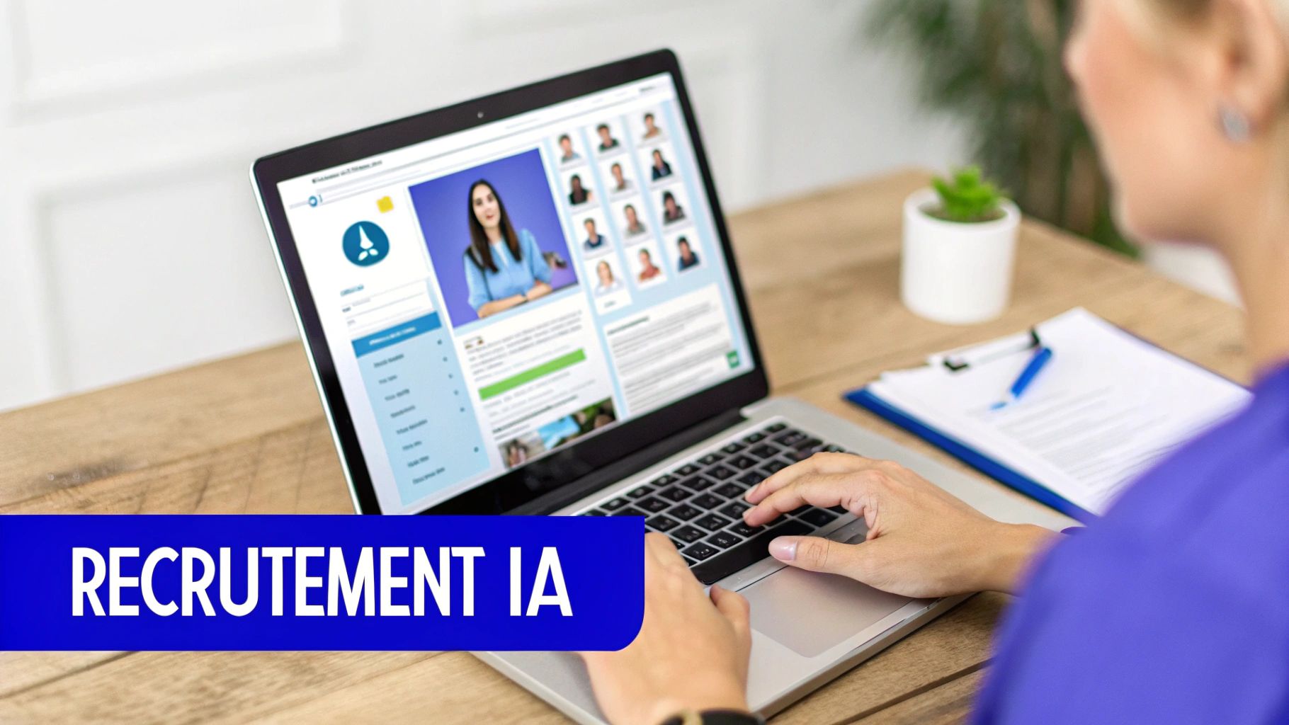 Une personne utilise un ordinateur portable affichant une interface de recrutement avec des profils, sur un bureau en bois. Le texte indique 'Recrutement IA'.