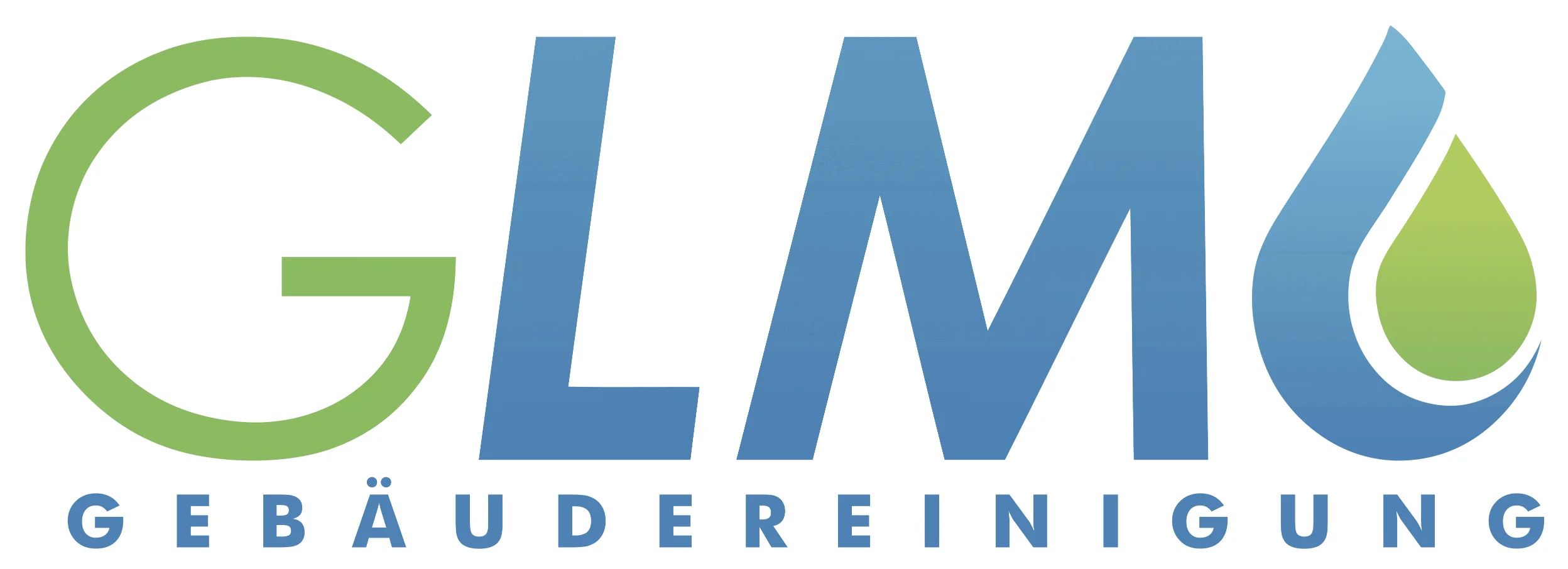Firmenlogo der GLM Gebäudereinigung in den Farben Grün und Blau mit integriertem Wassertropfen-Symbol
