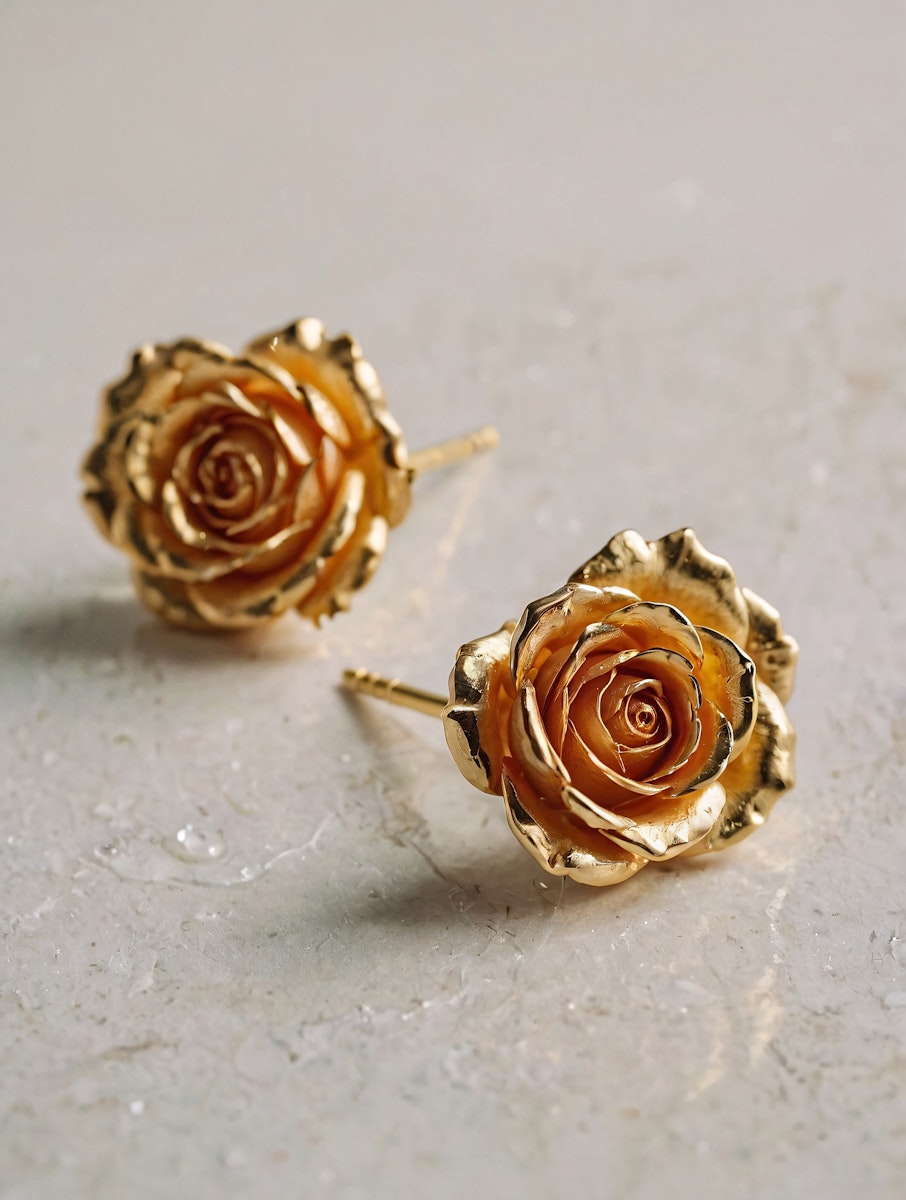 Elegant gold rose-shaped stud earrings with intricate petal details, displayed on a textured surface with subtle water droplets.